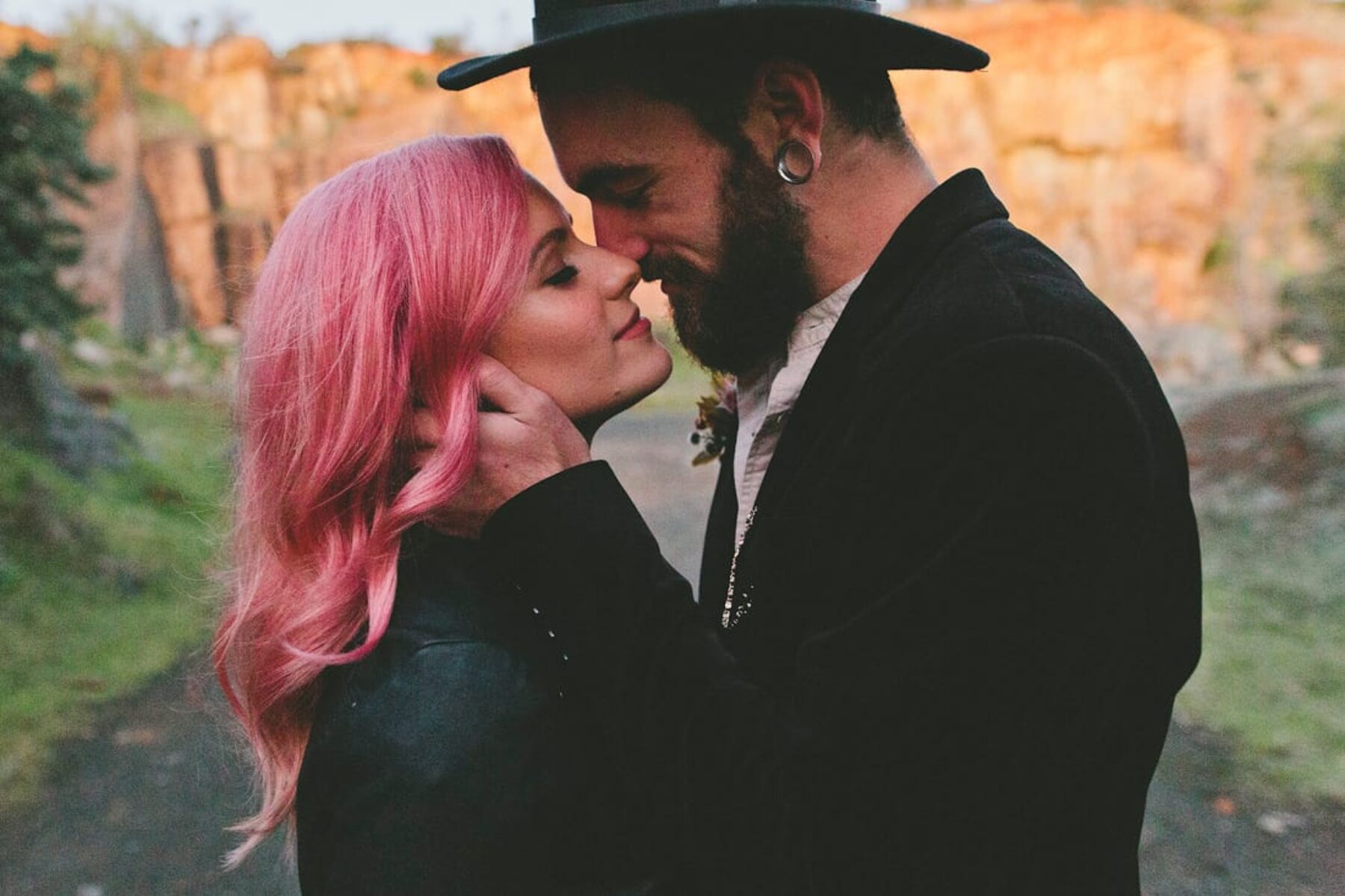 pink haired bride and hipster groom