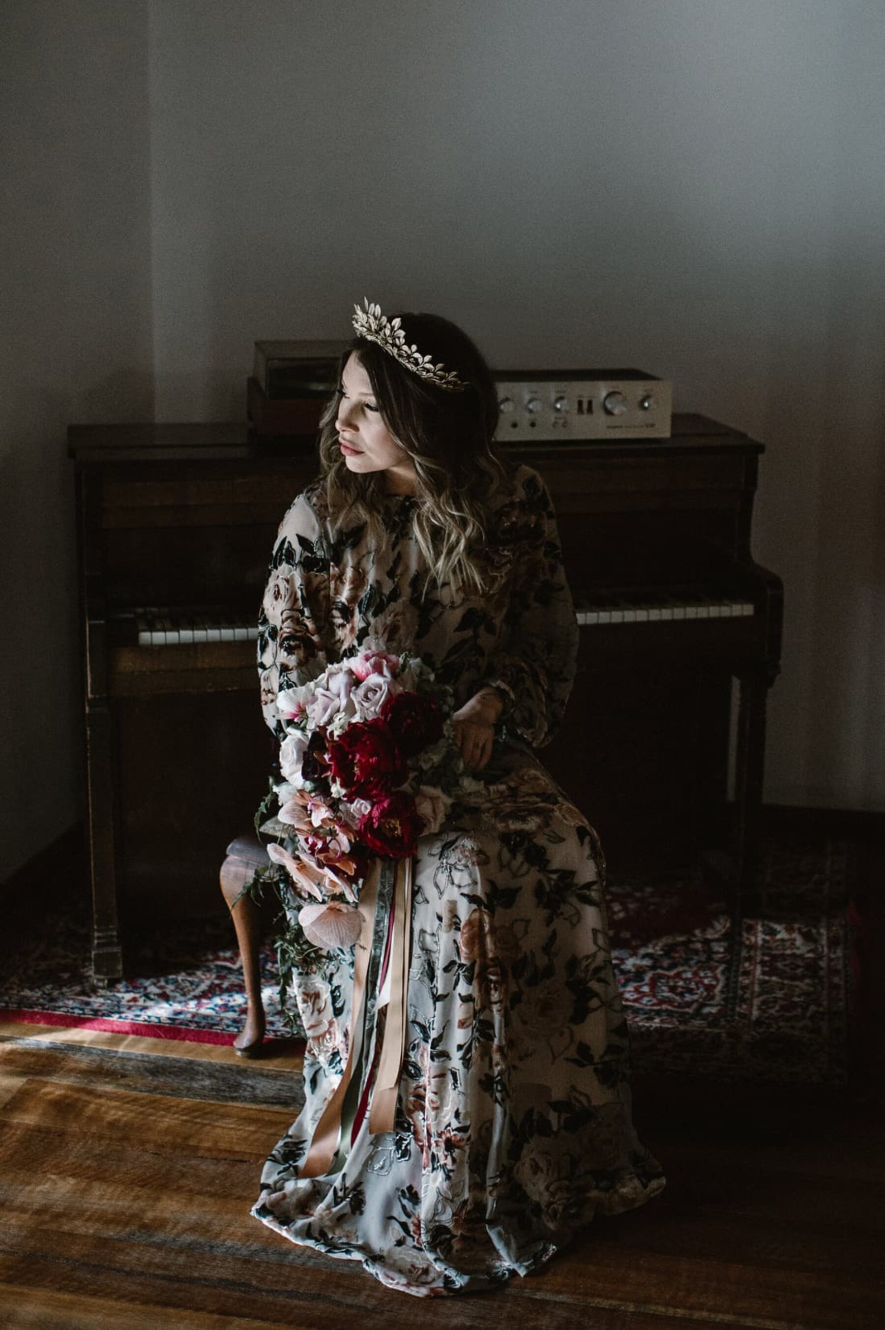 winter bride in floral wedding dress and gold crown - Lauren Campbell Photography