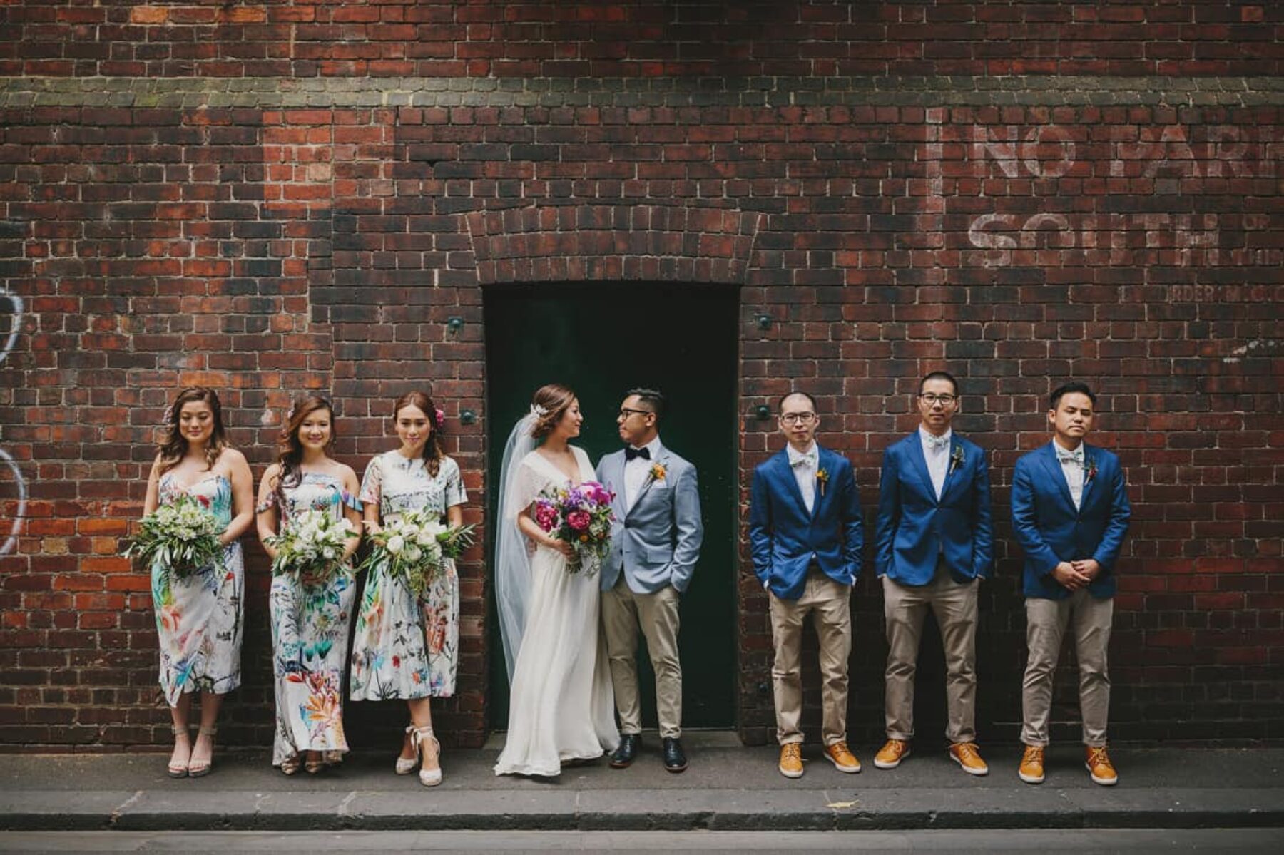 modern bridal party in florals and blues