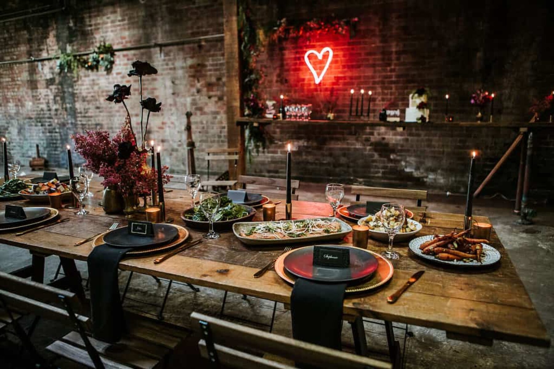 industrial tablescape with neon heart