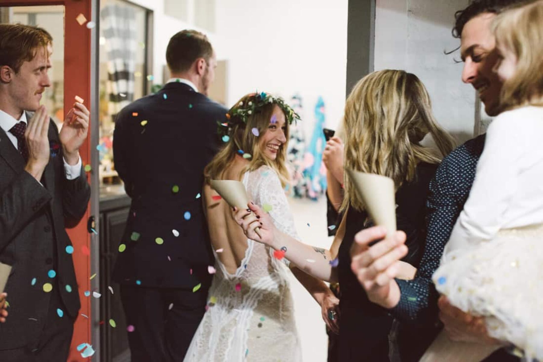 colourful confetti wedding exit