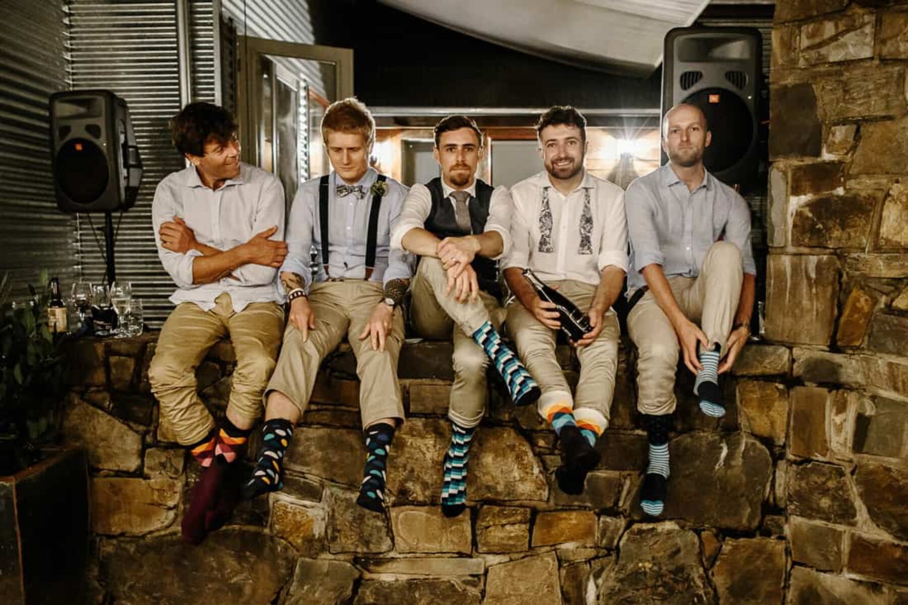 casual groomsmen wearing colourful Happy Socks
