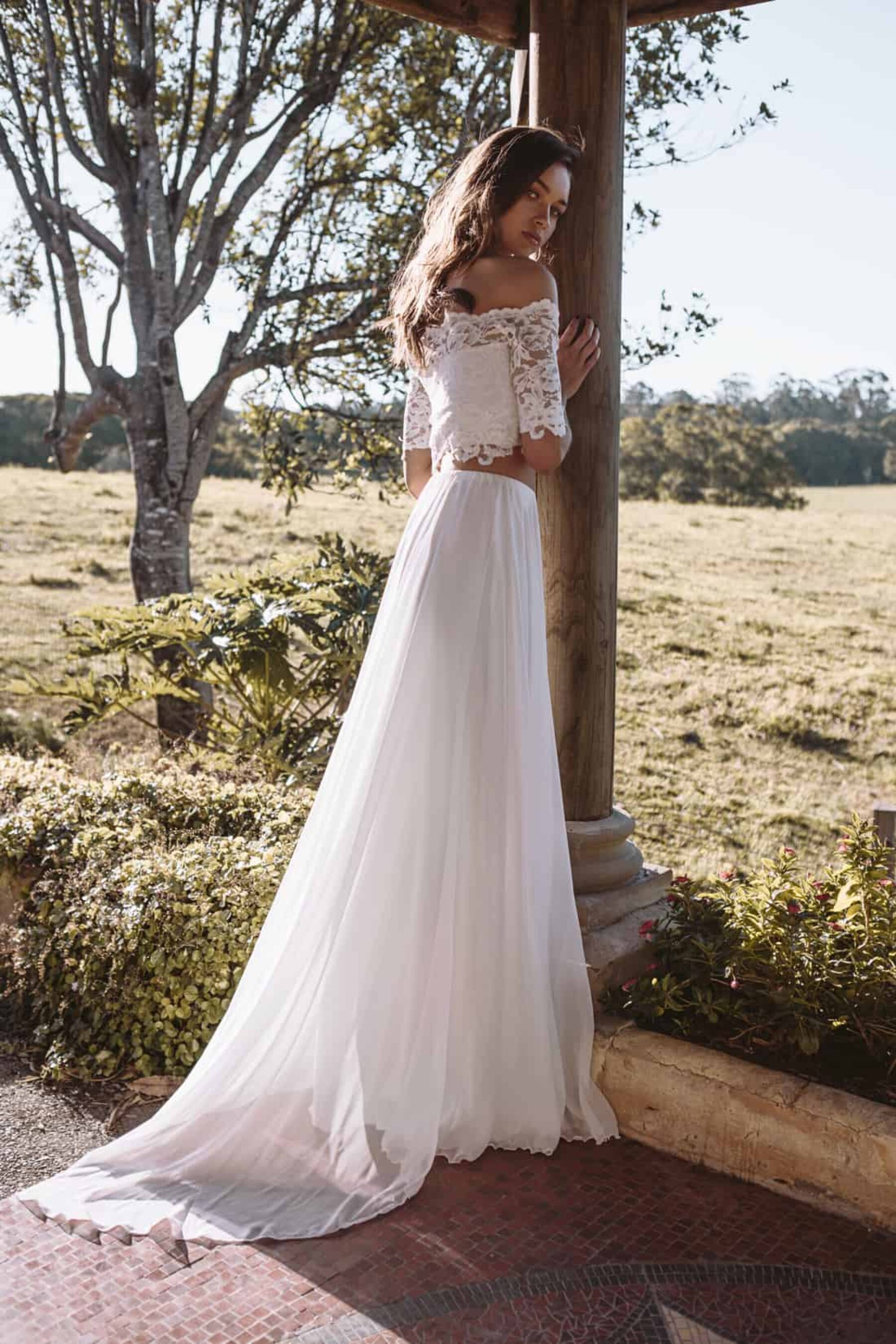 off-shoulder two-piece wedding dress by Grace Loves Lace