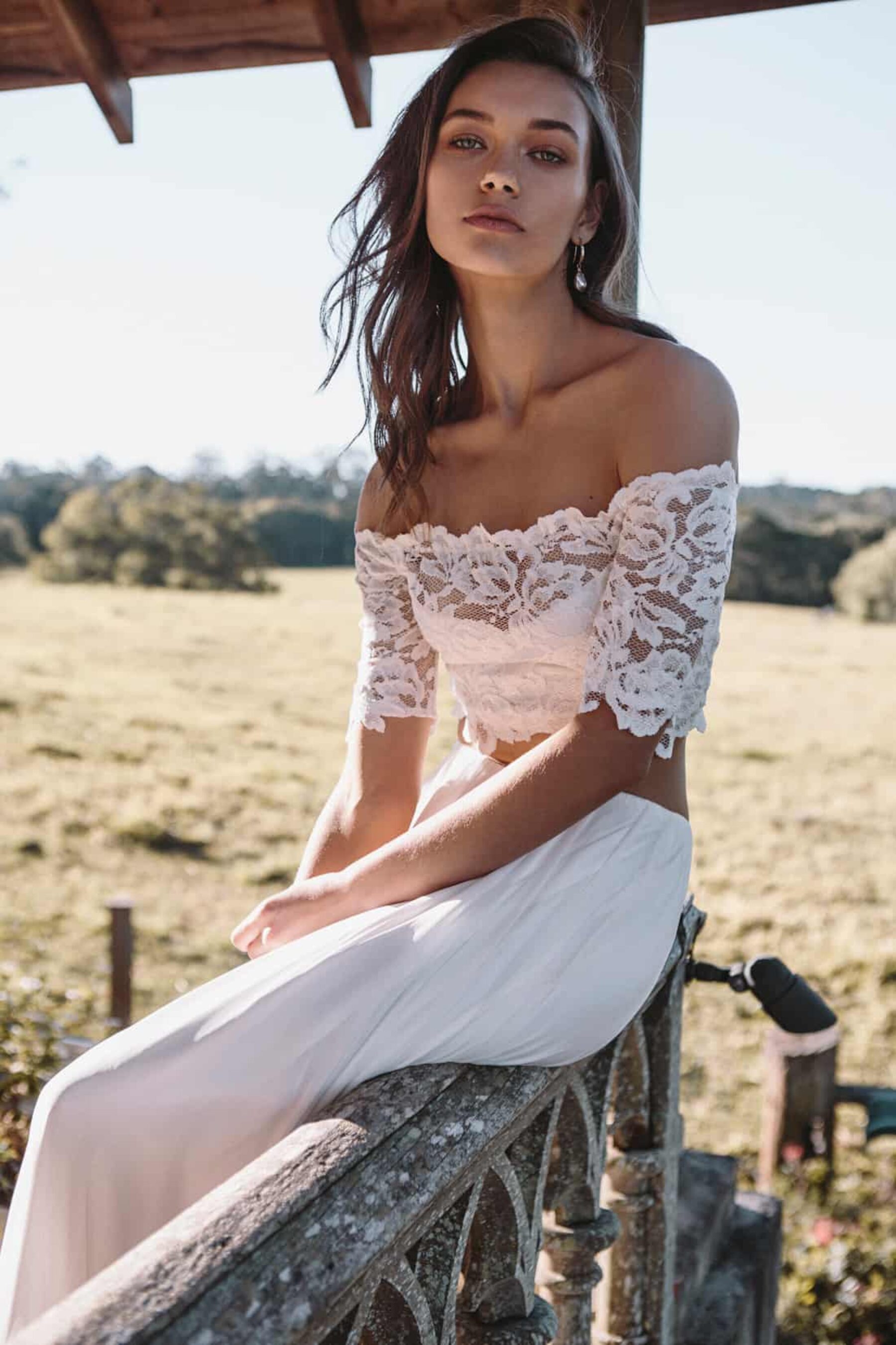 off-shoulder two-piece wedding dress by Grace Loves Lace