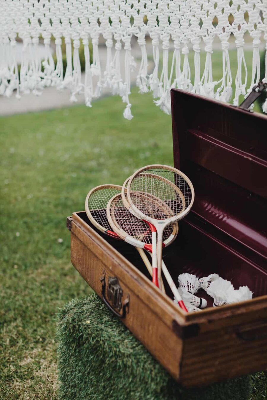 macrame badminton net and vintage rackets