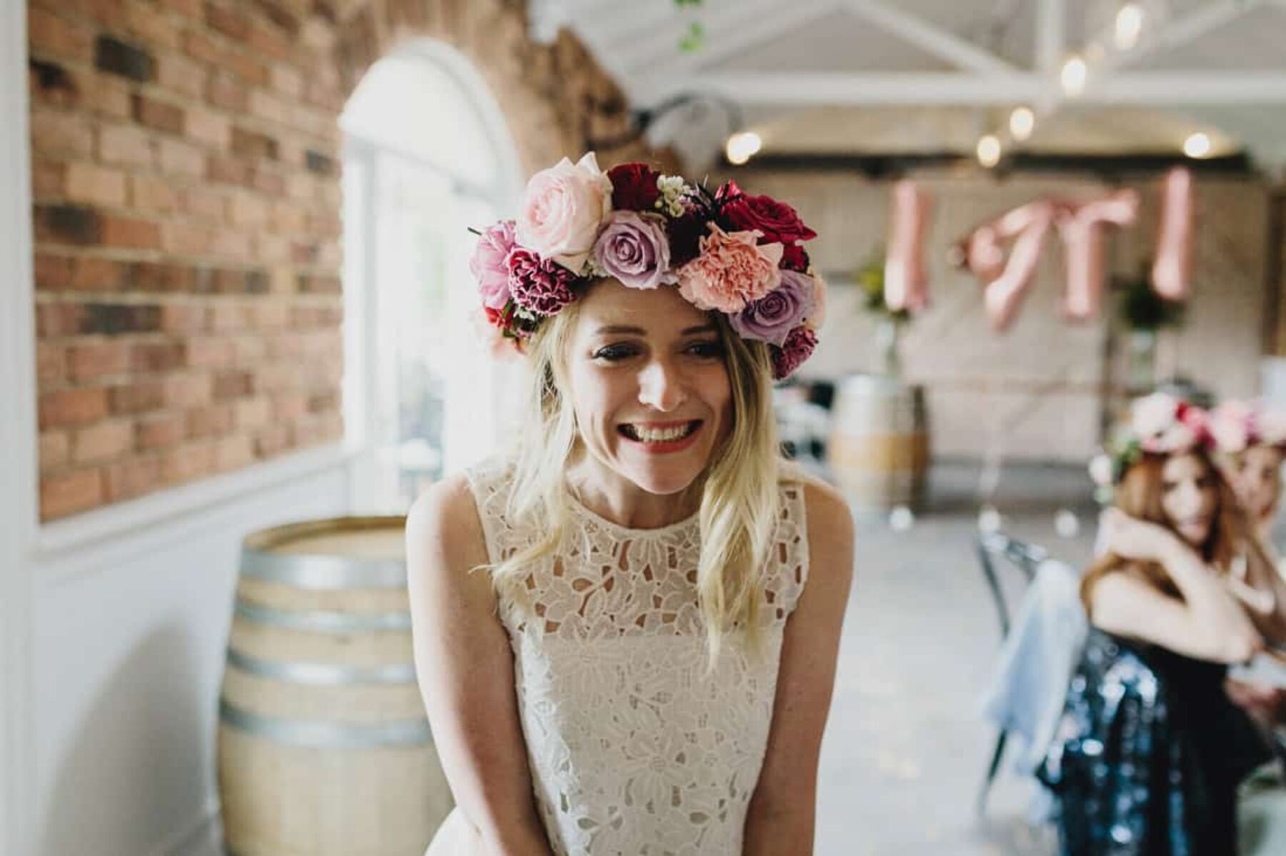 bride with lilac and blush flower crown