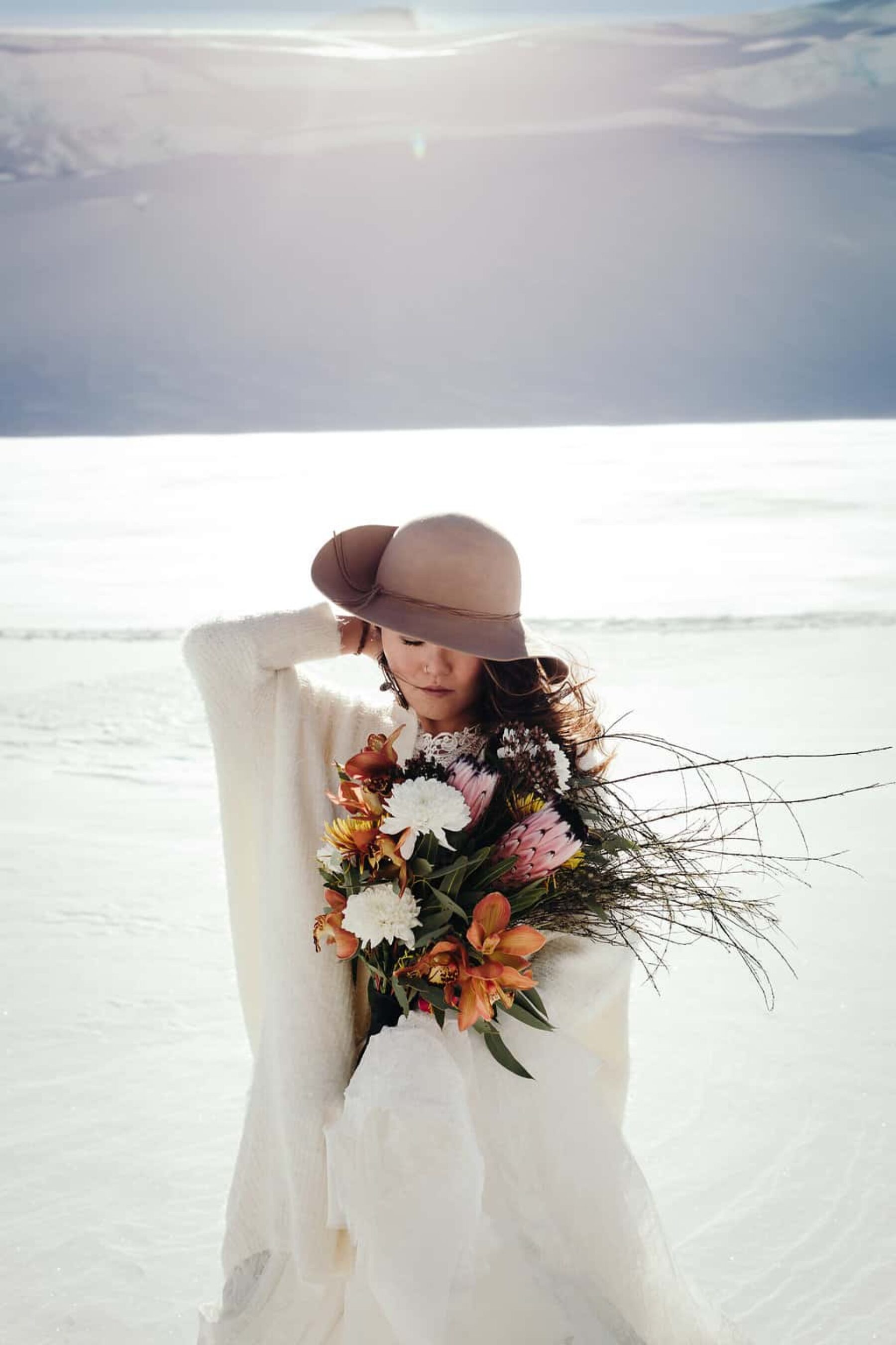 winter bride with wide bim hat