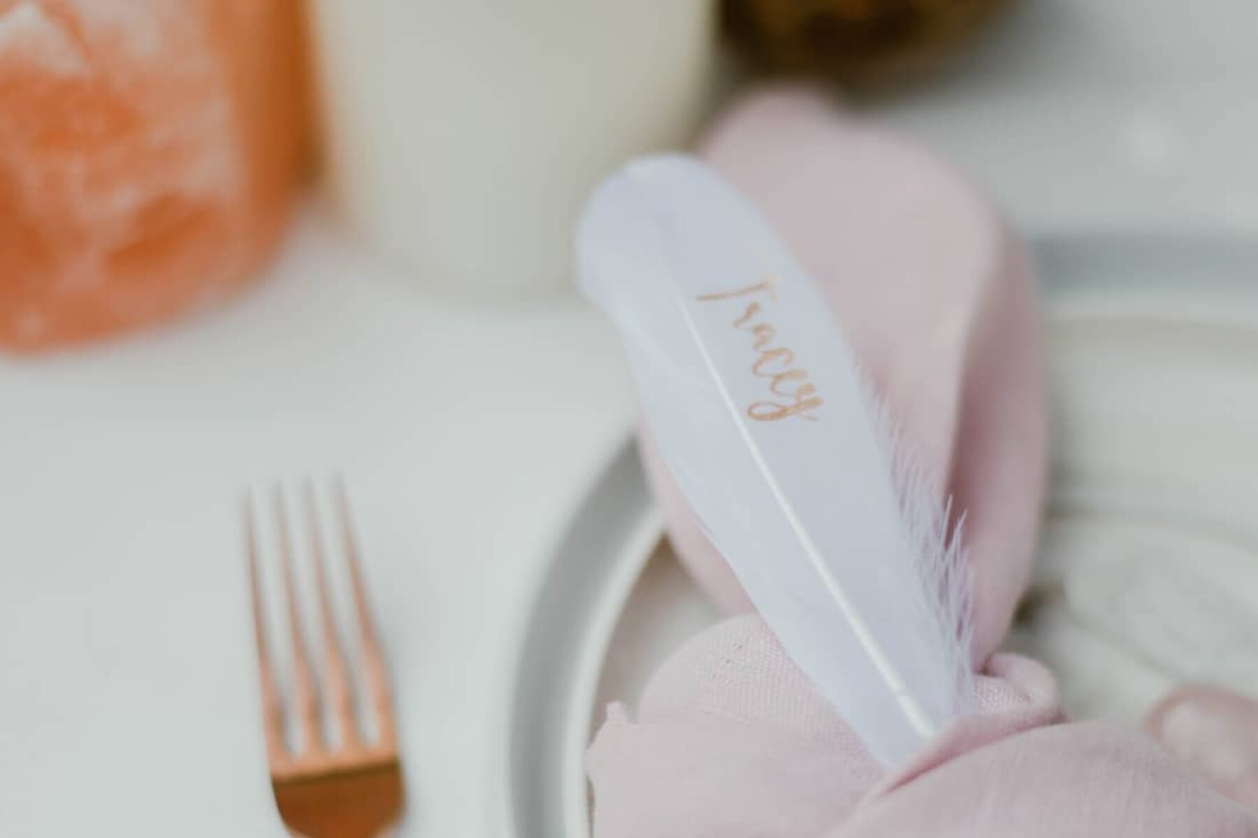 blush table linen with feather escort card