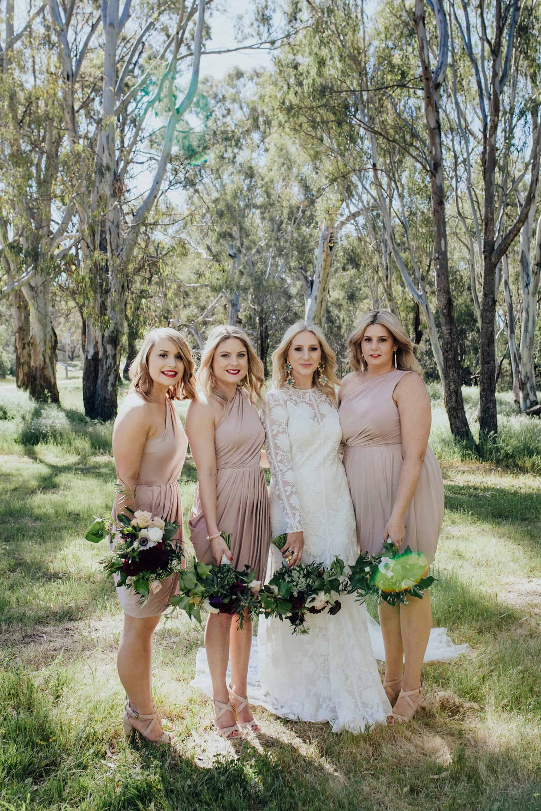 blush off-shoulder bridesmaid dresses