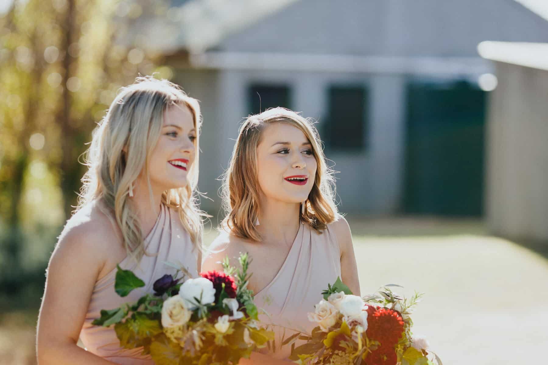 blush off-shoulder bridesmaid dresses