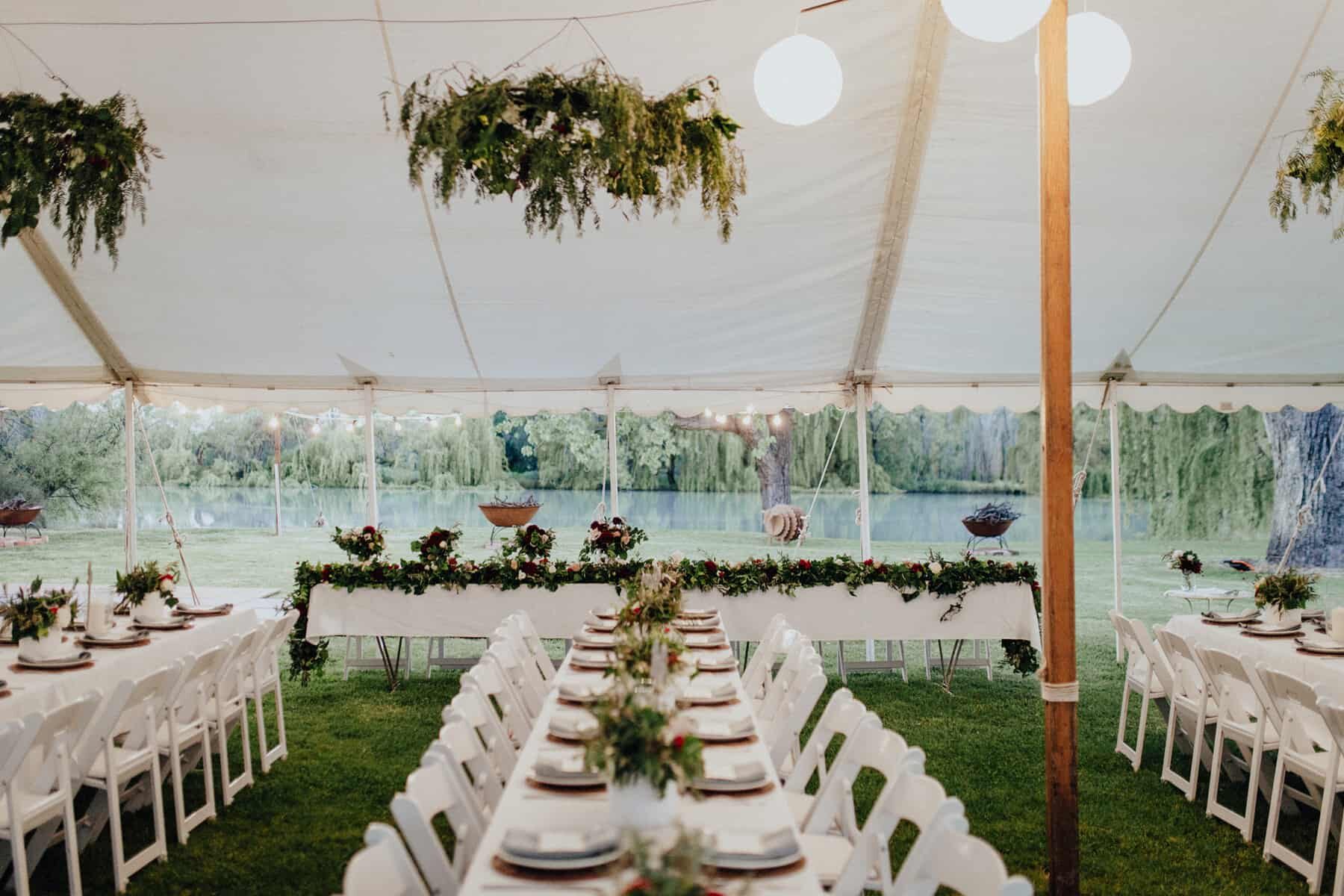 marquee wedding with floral chandeliers