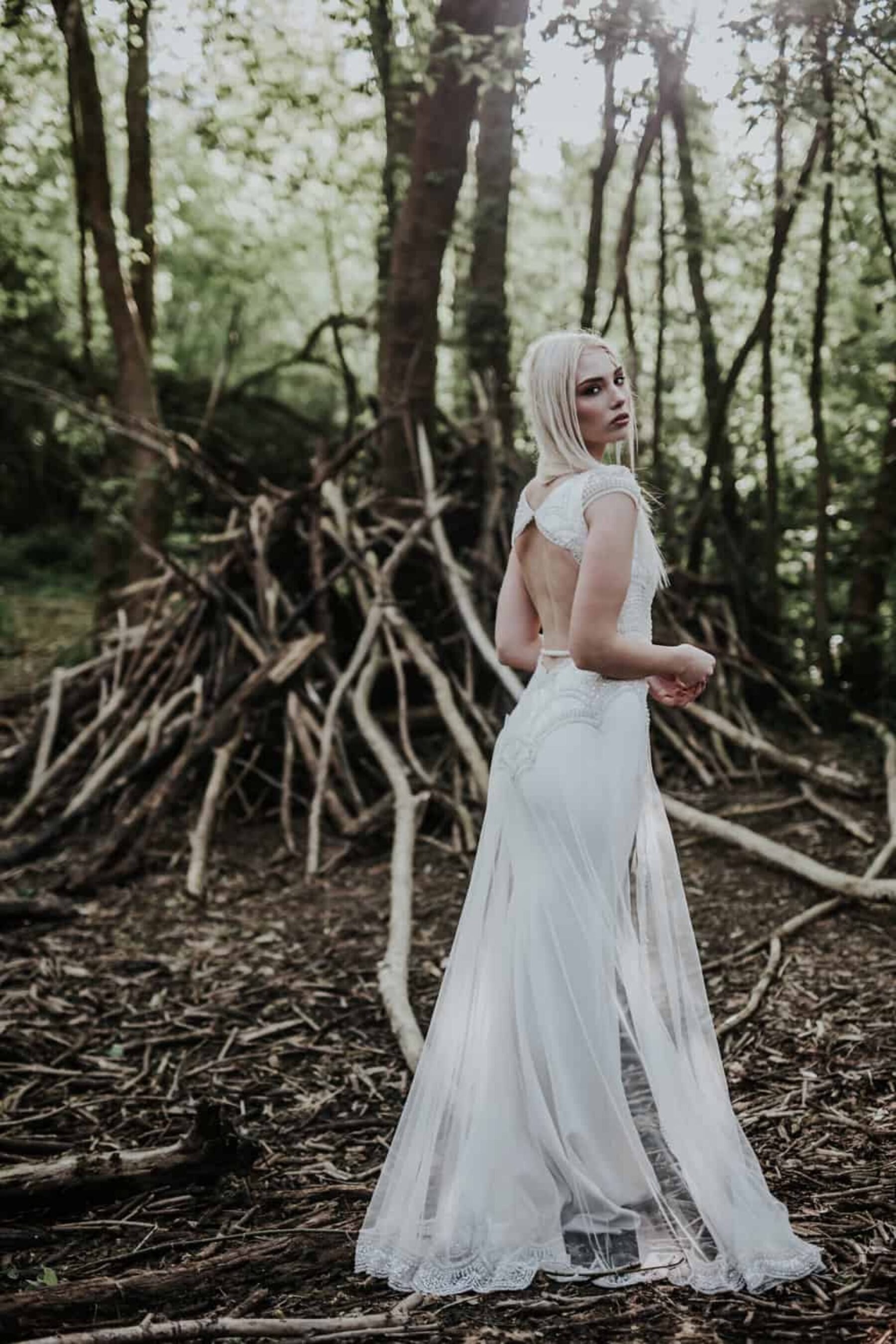 structured wedding dress with open back