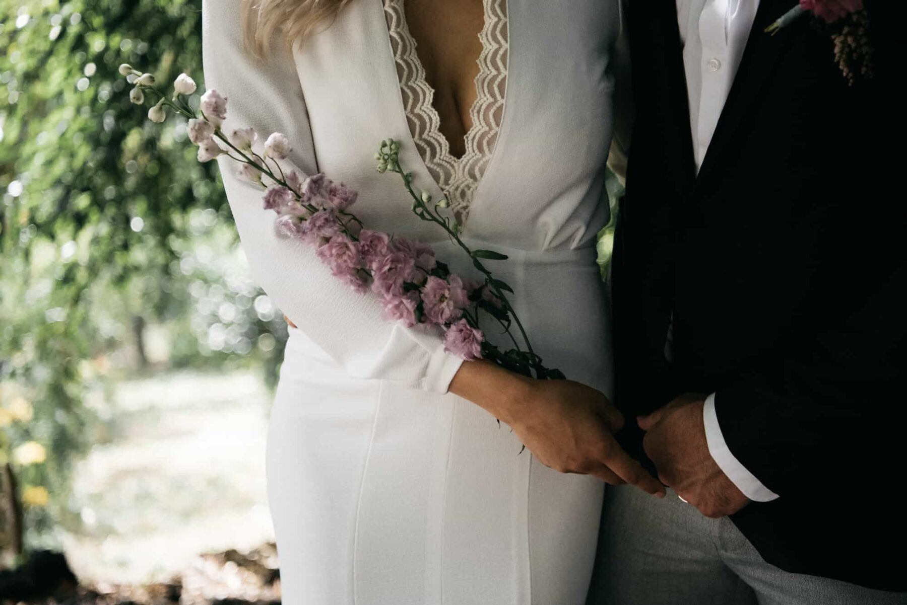 modern bridal gown with plunging neckline