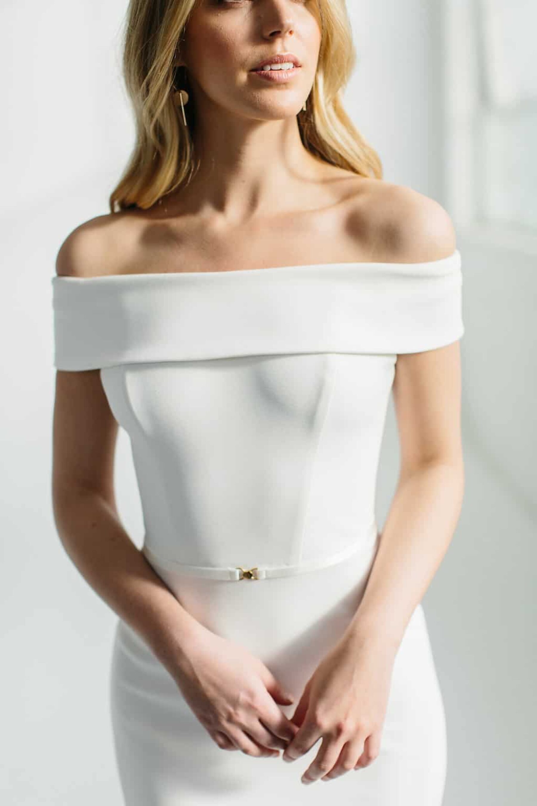 modern, minimal off-shoulder wedding dress