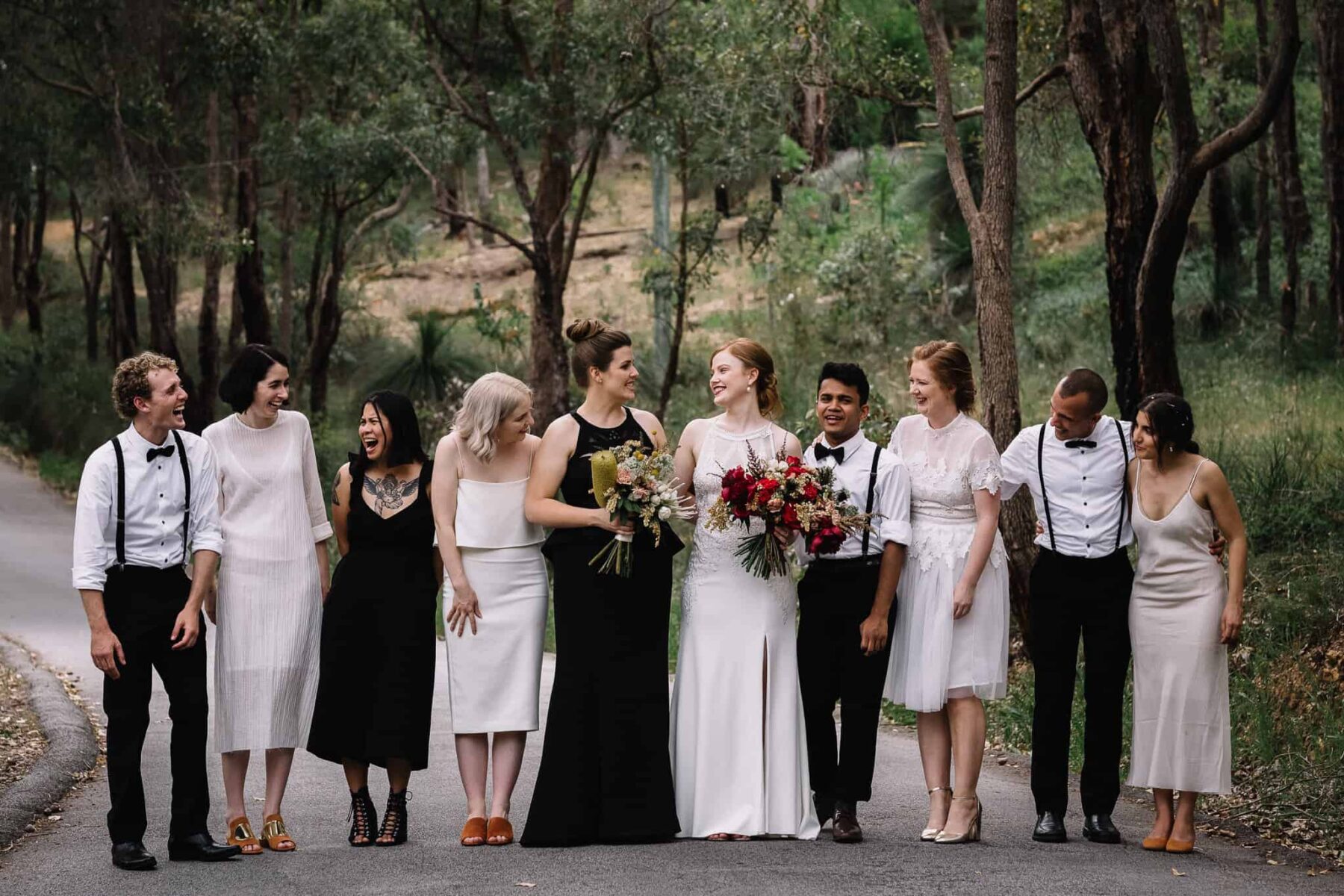 modern mismatched bridal party in black and white