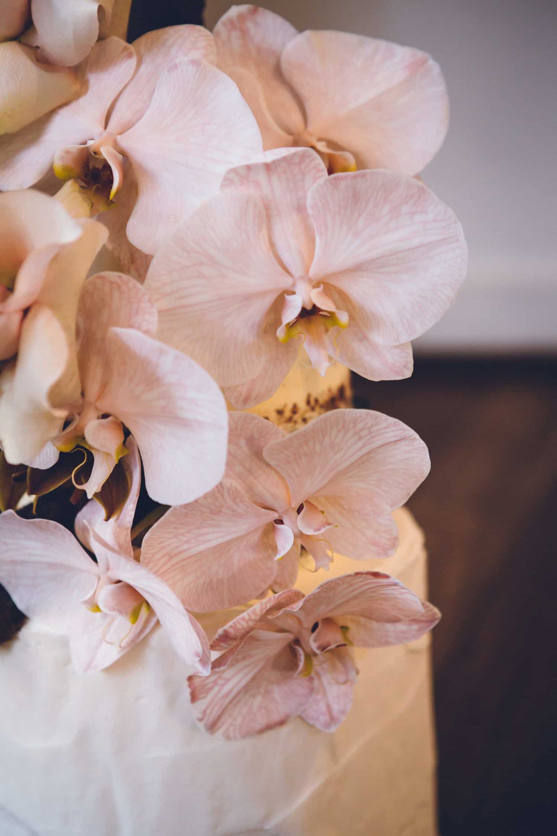 wedding cake with blush-toned orchids
