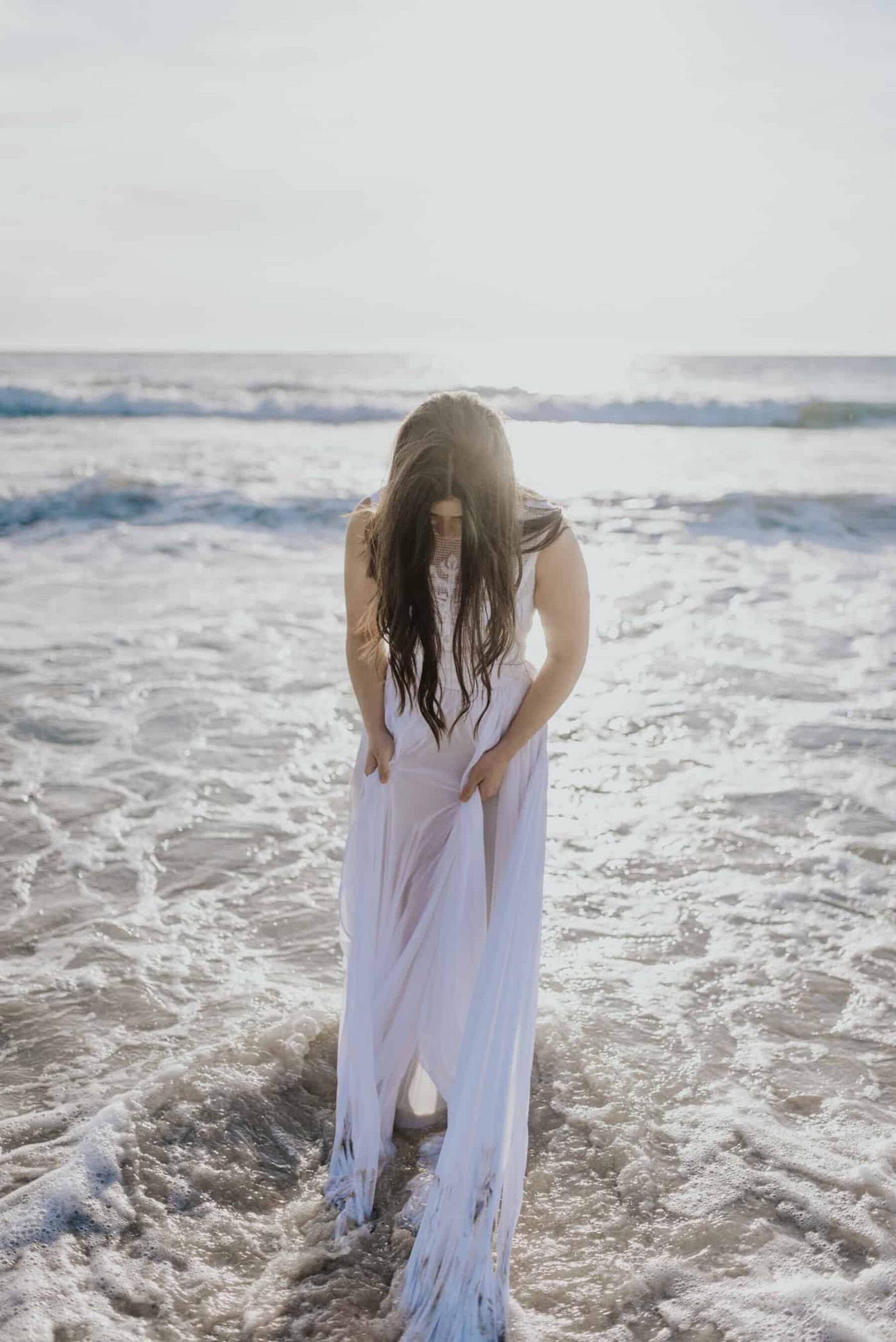boho beach bride with handmade lace wedding dress