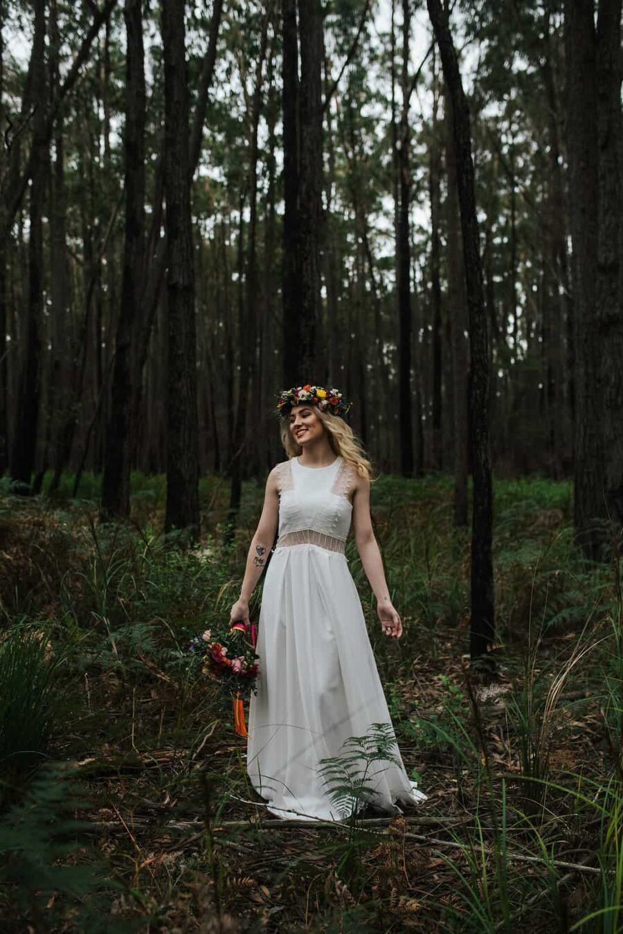 boho bride with colourful flower crown
