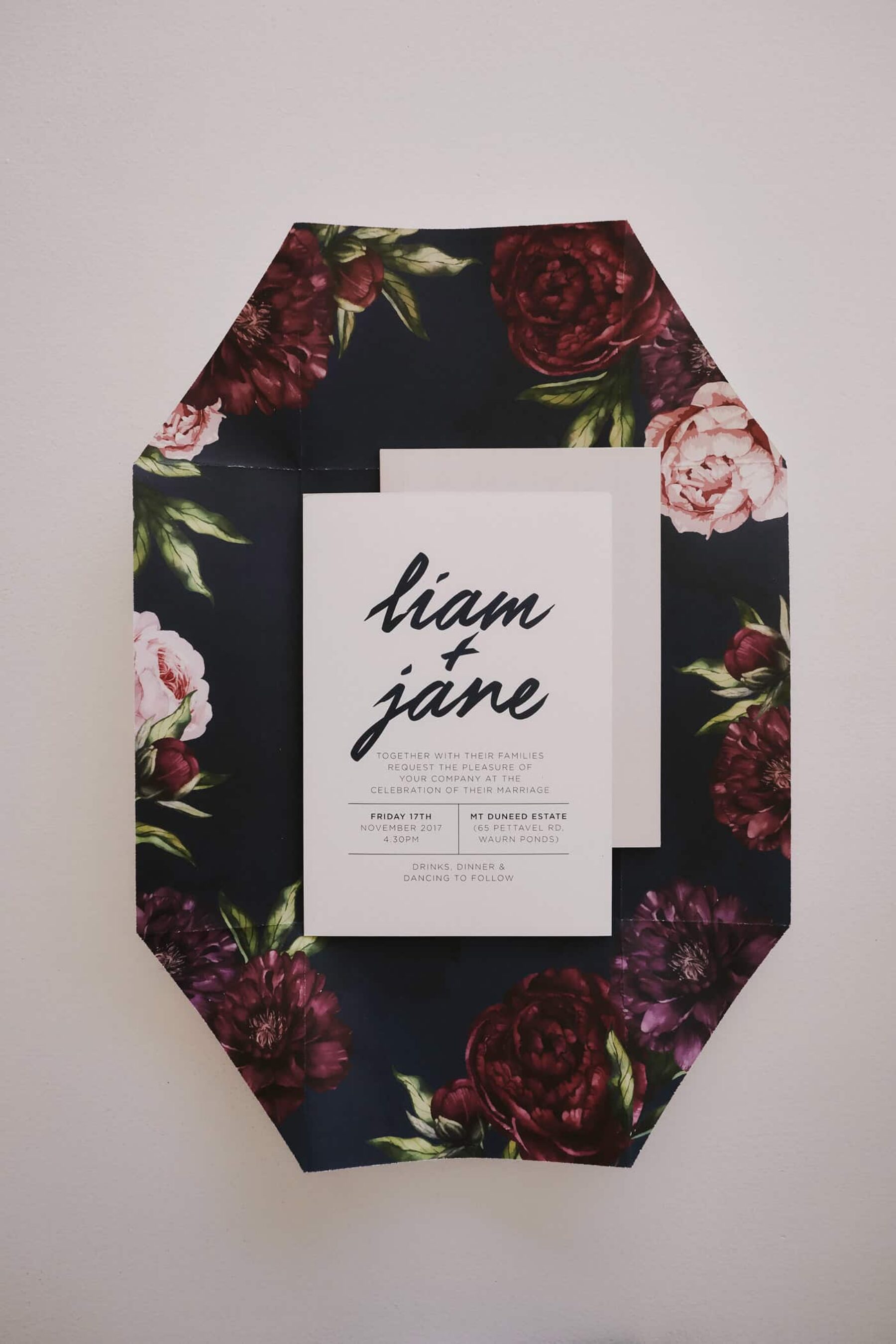 blush and burgundy floral + typographic wedding invitations