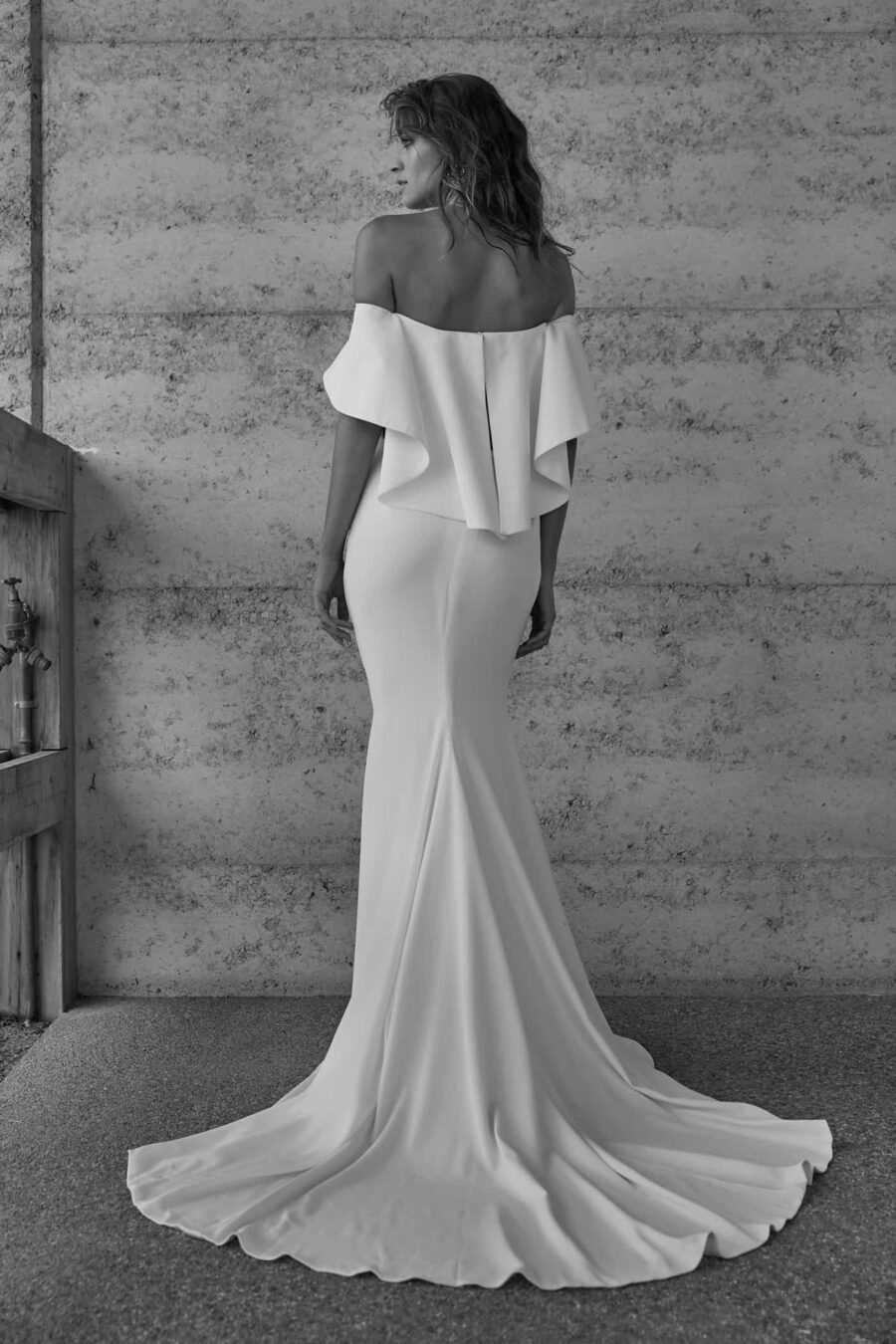 modern off-shoulder wedding dress by CHOSEN