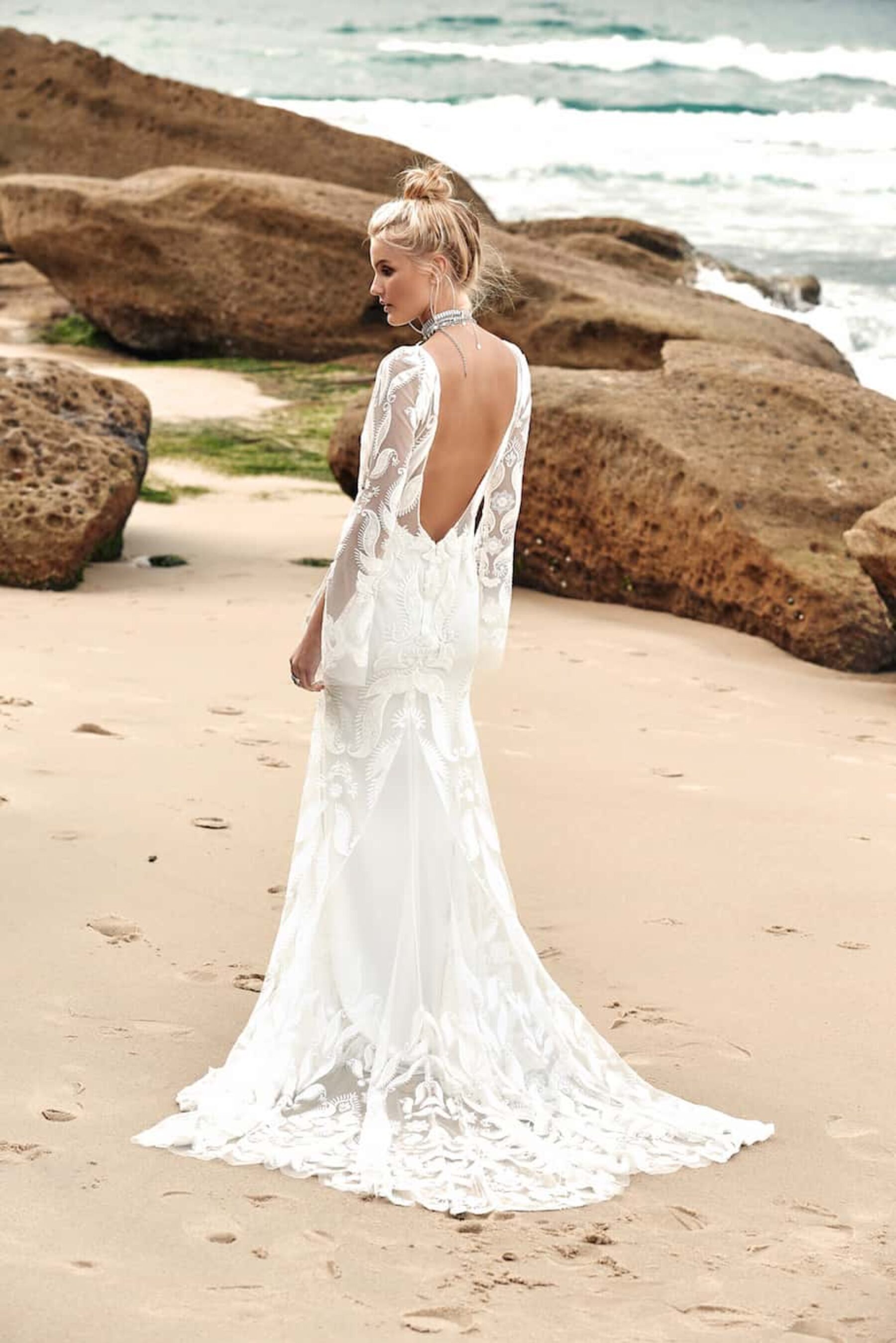 lace wedding dress with bell sleeves