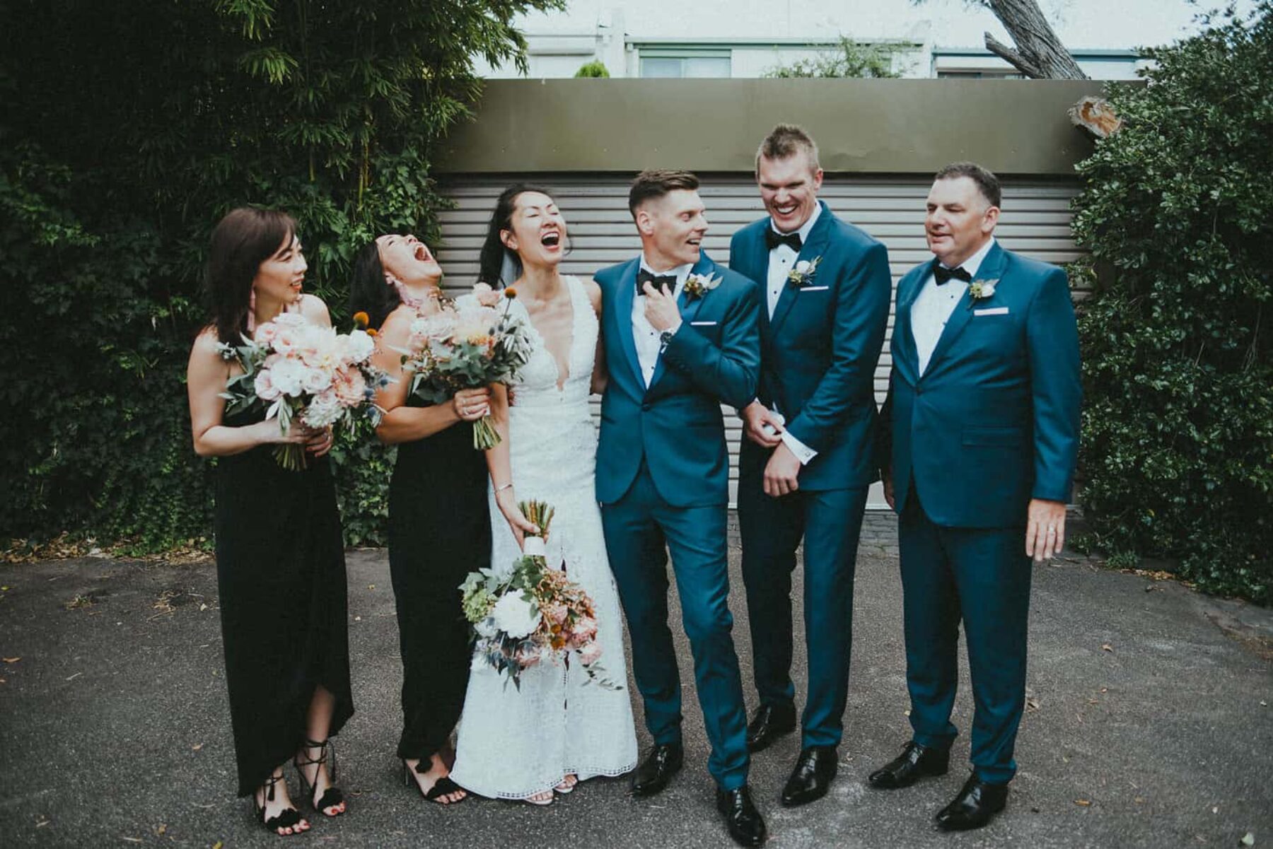 modern bridal party in black and blue