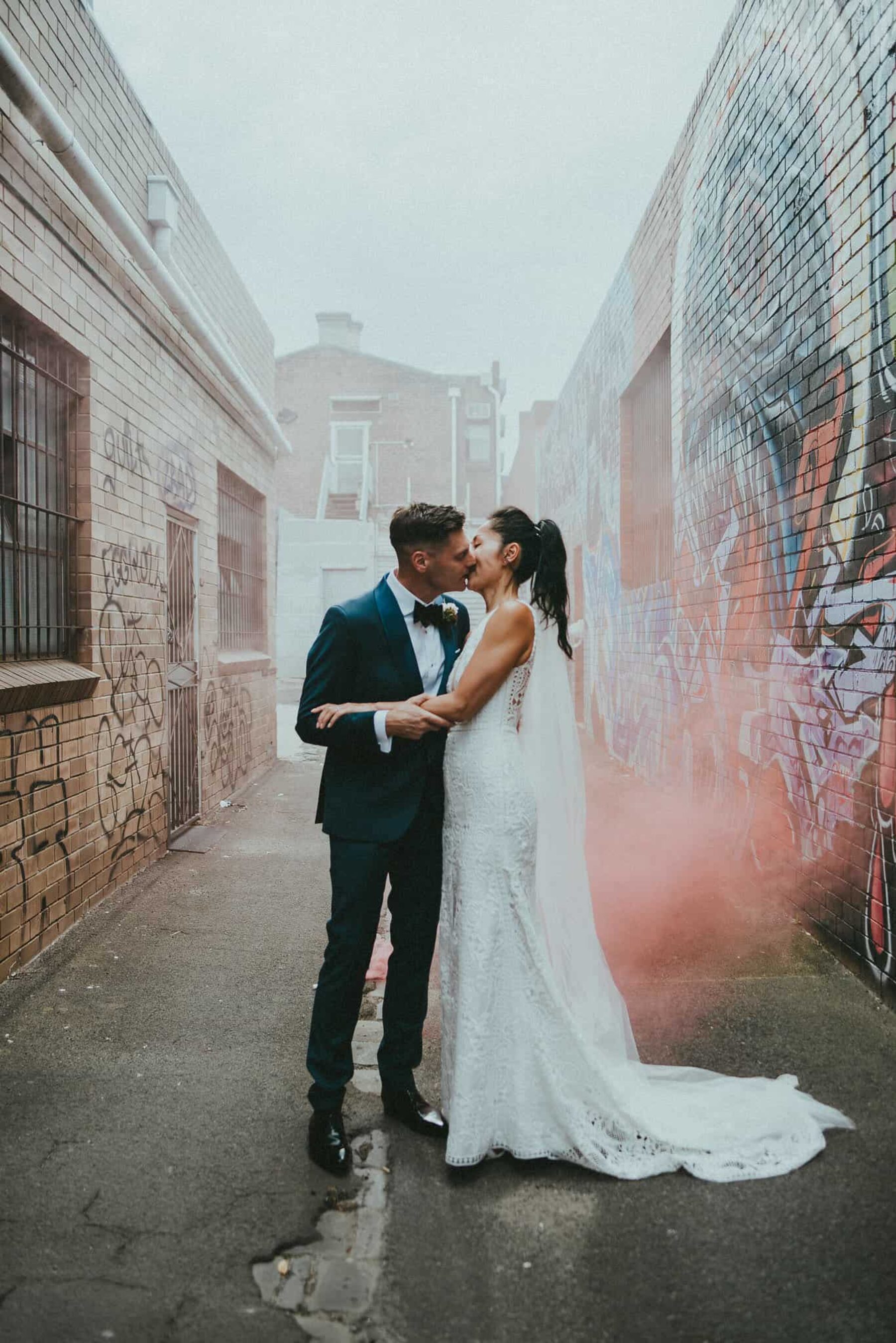 smoke bomb wedding portraits in Melbournee laneways