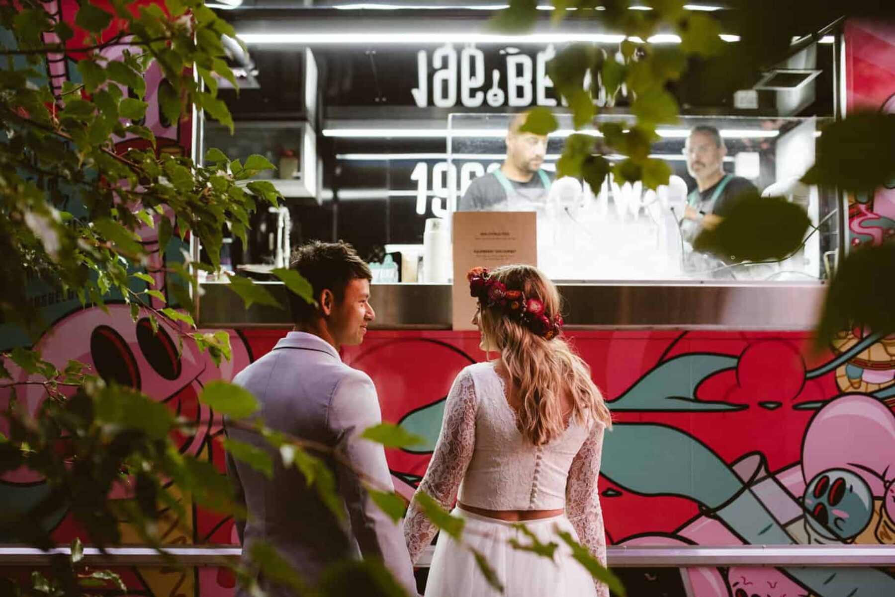 bride and groom at ice cream truck