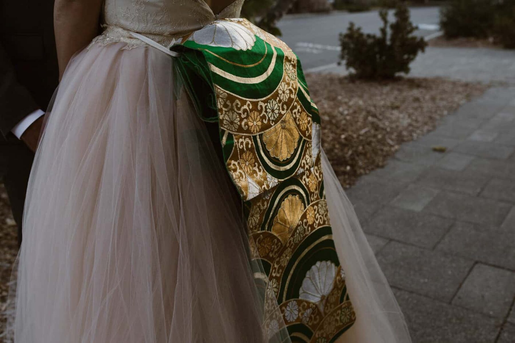 blush wedding dress with Japanese obi belt
