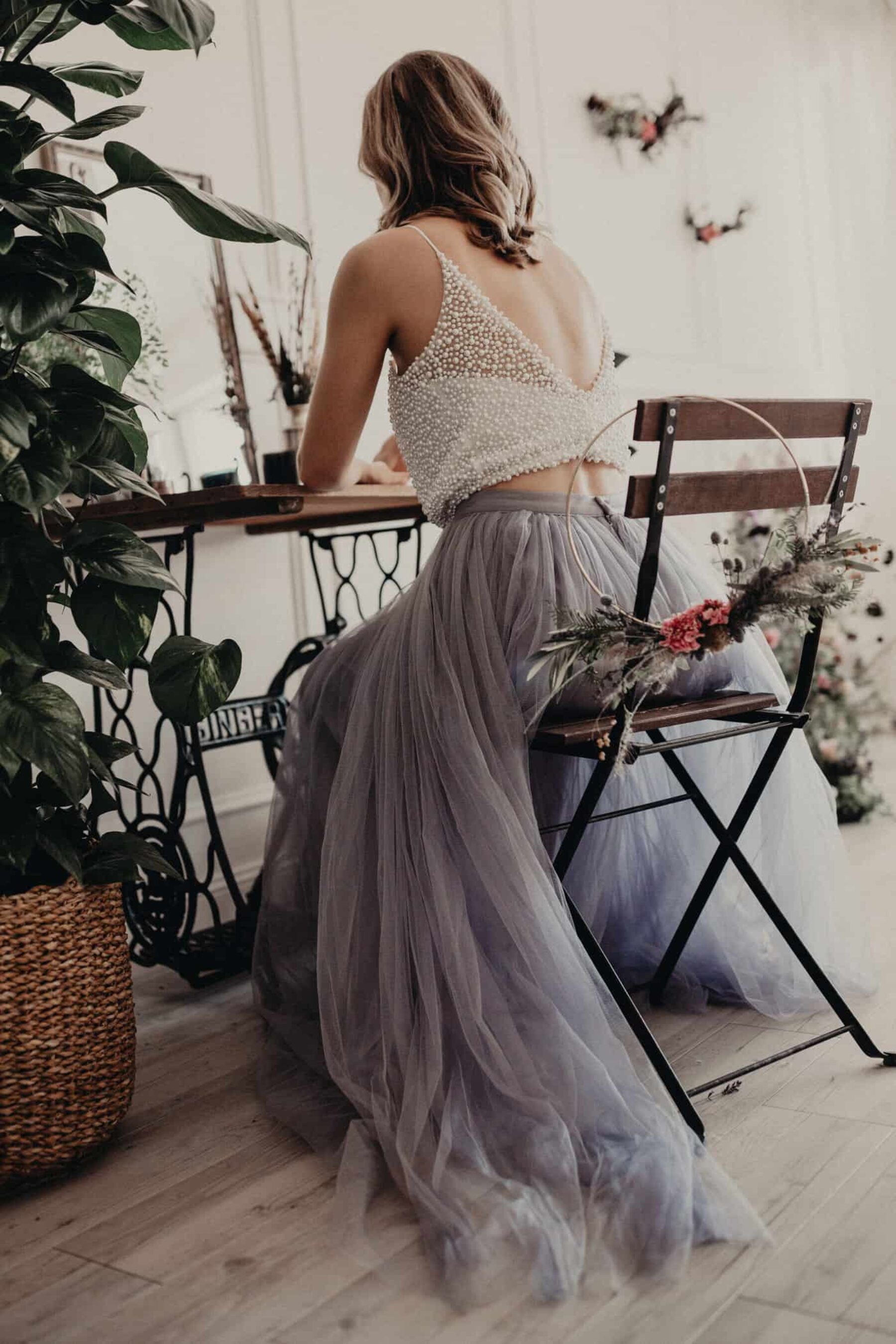 bridal two-piece with violet tulle skirt and beaded top