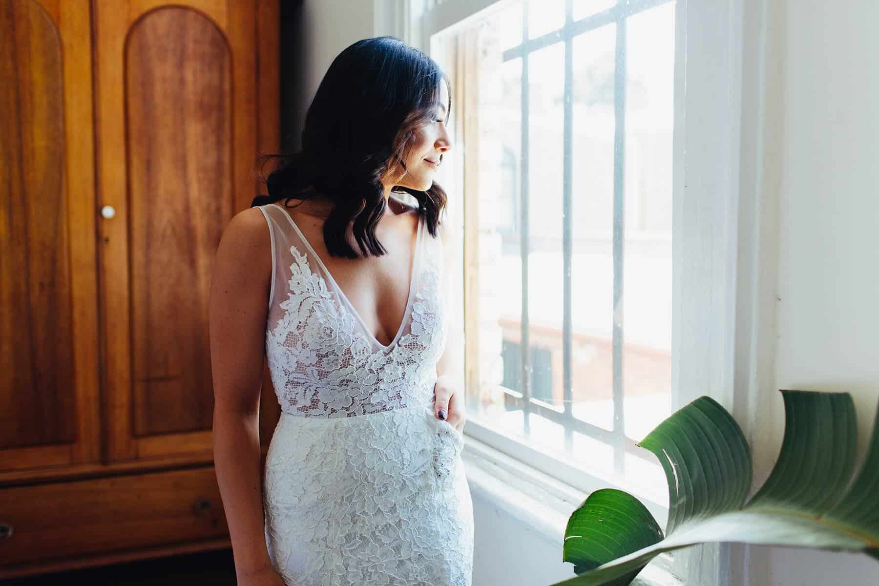 modern lace wedding dress with pockets