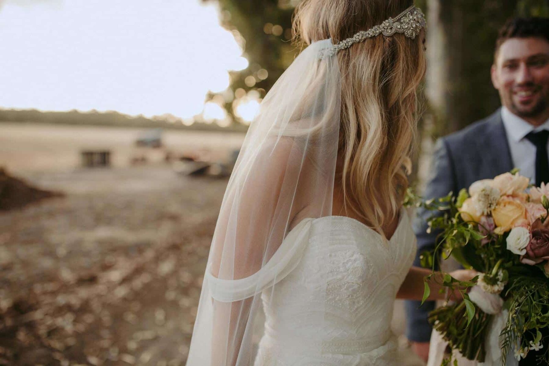 off-shoulder wedding dress by Karen Willis Holmes