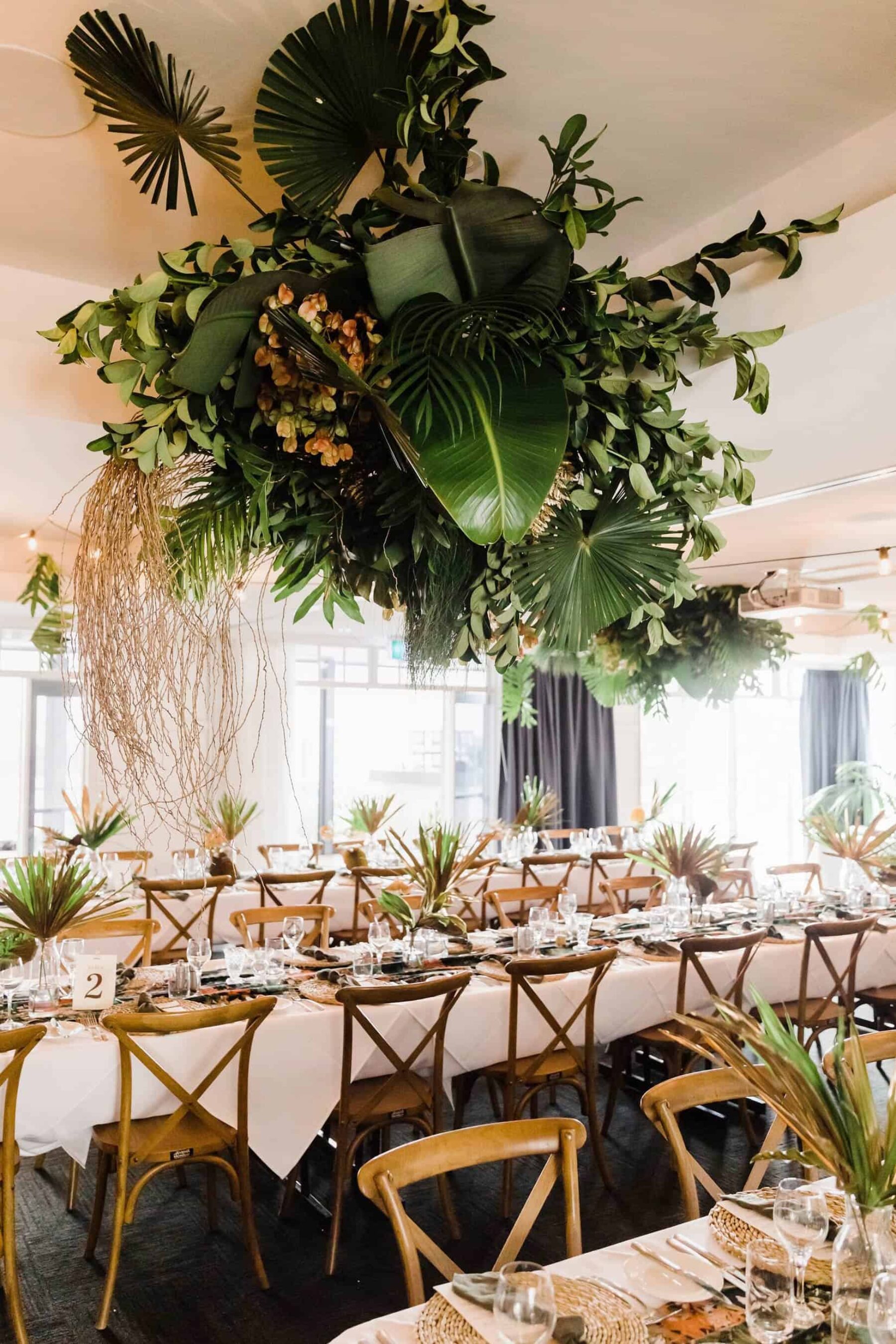 hanging tropical greenery installation