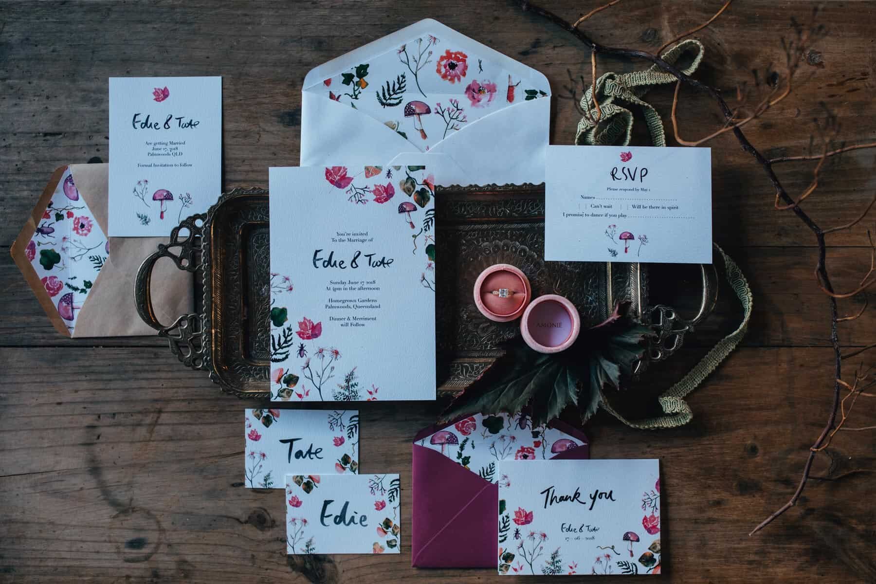 watercolour illustrated wedding stationery by Santiago Sunbird