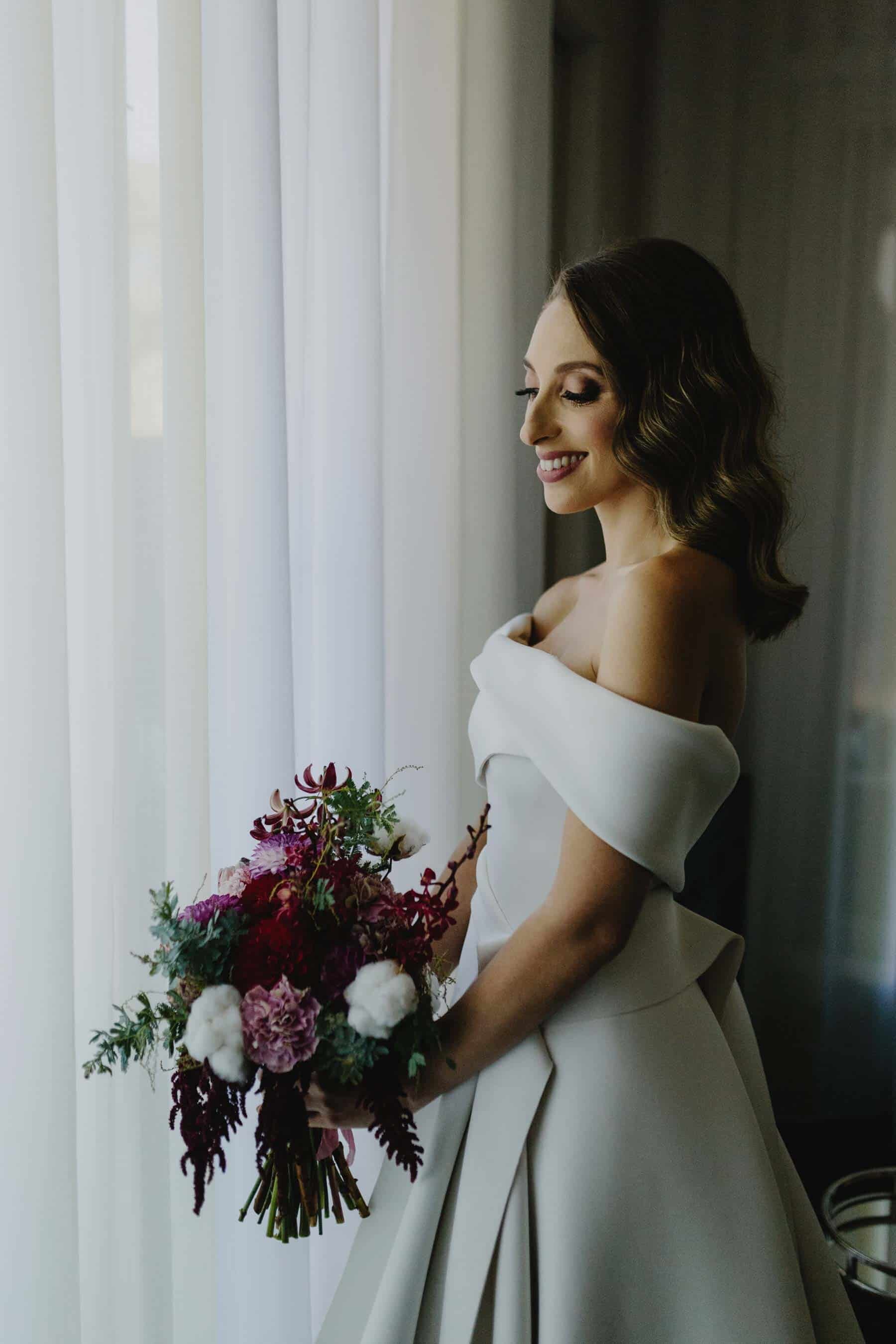 modern off-shouder wedding dress by Cappellazzo Couture