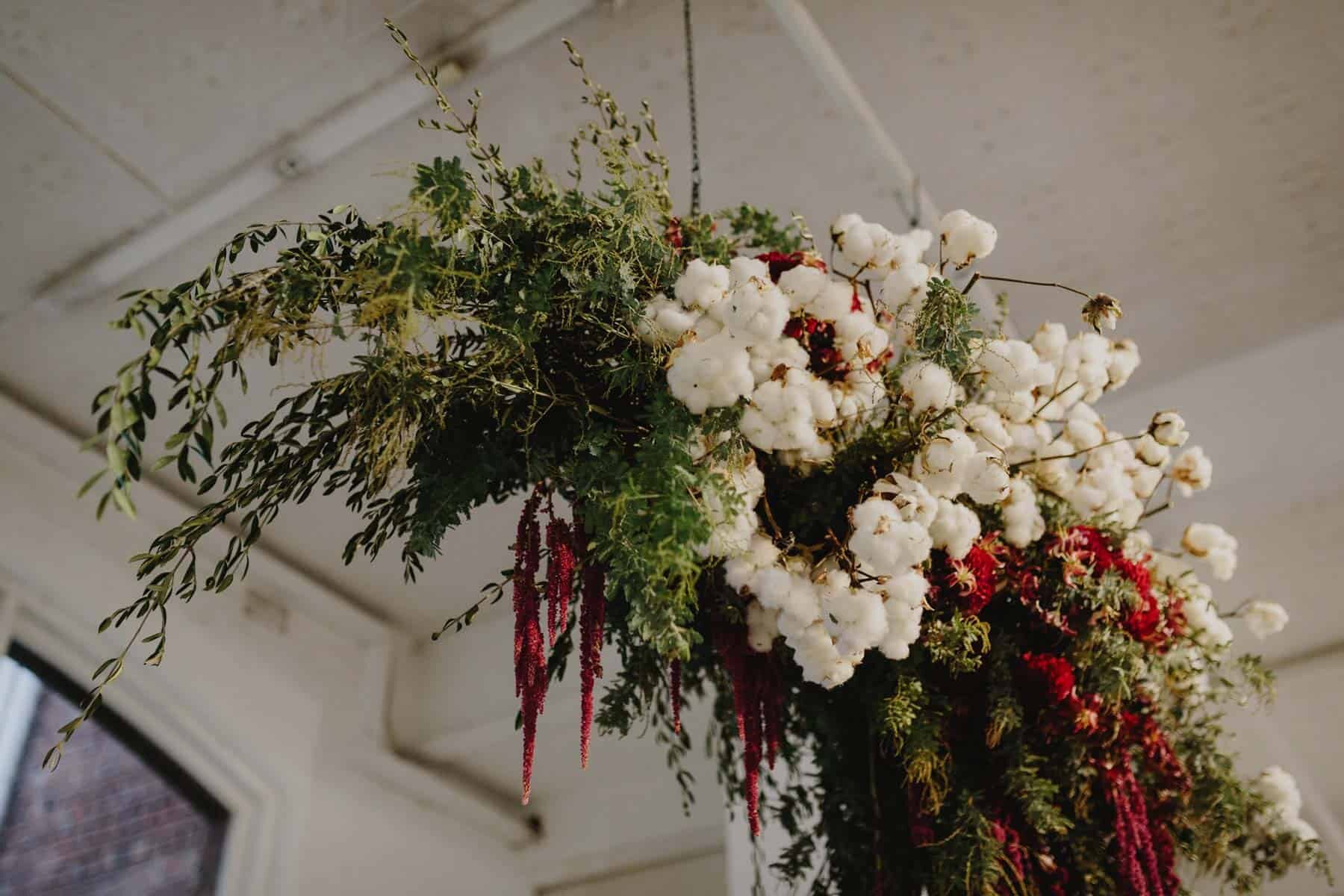 hanging floral installaton with cotton and amaranth