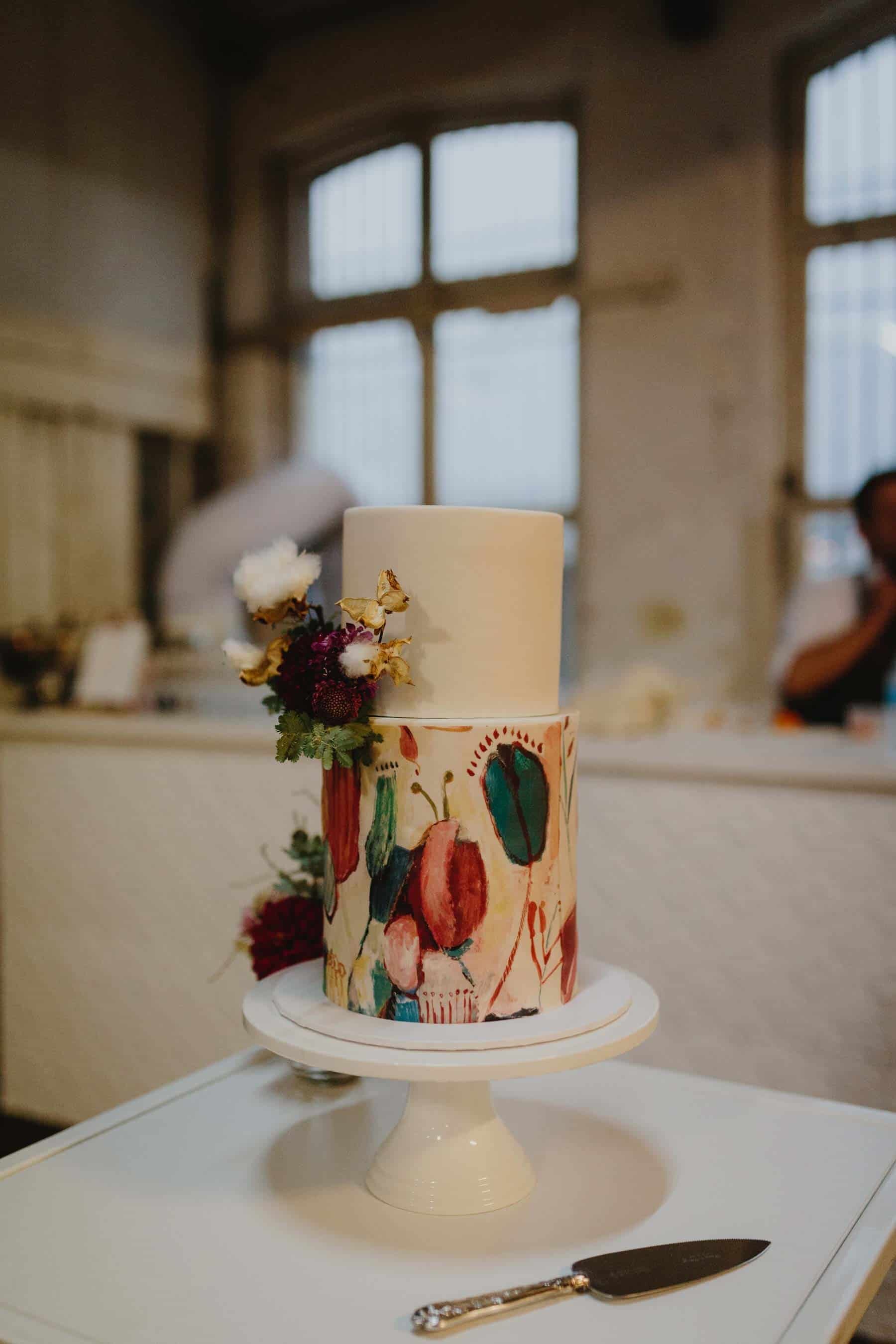 painted two-tier wedding cake