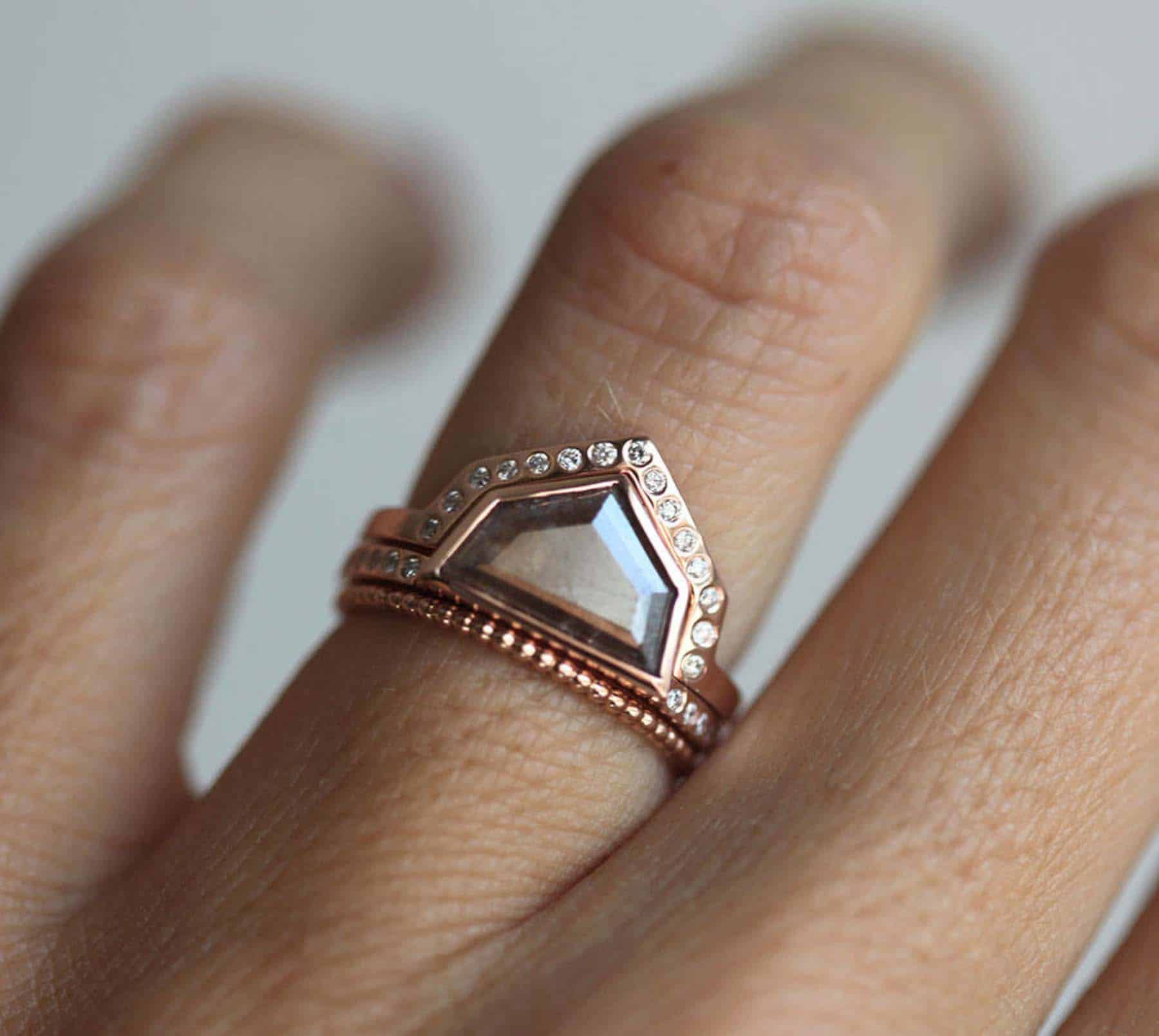 natural rose cut grey diamond engagement ring set