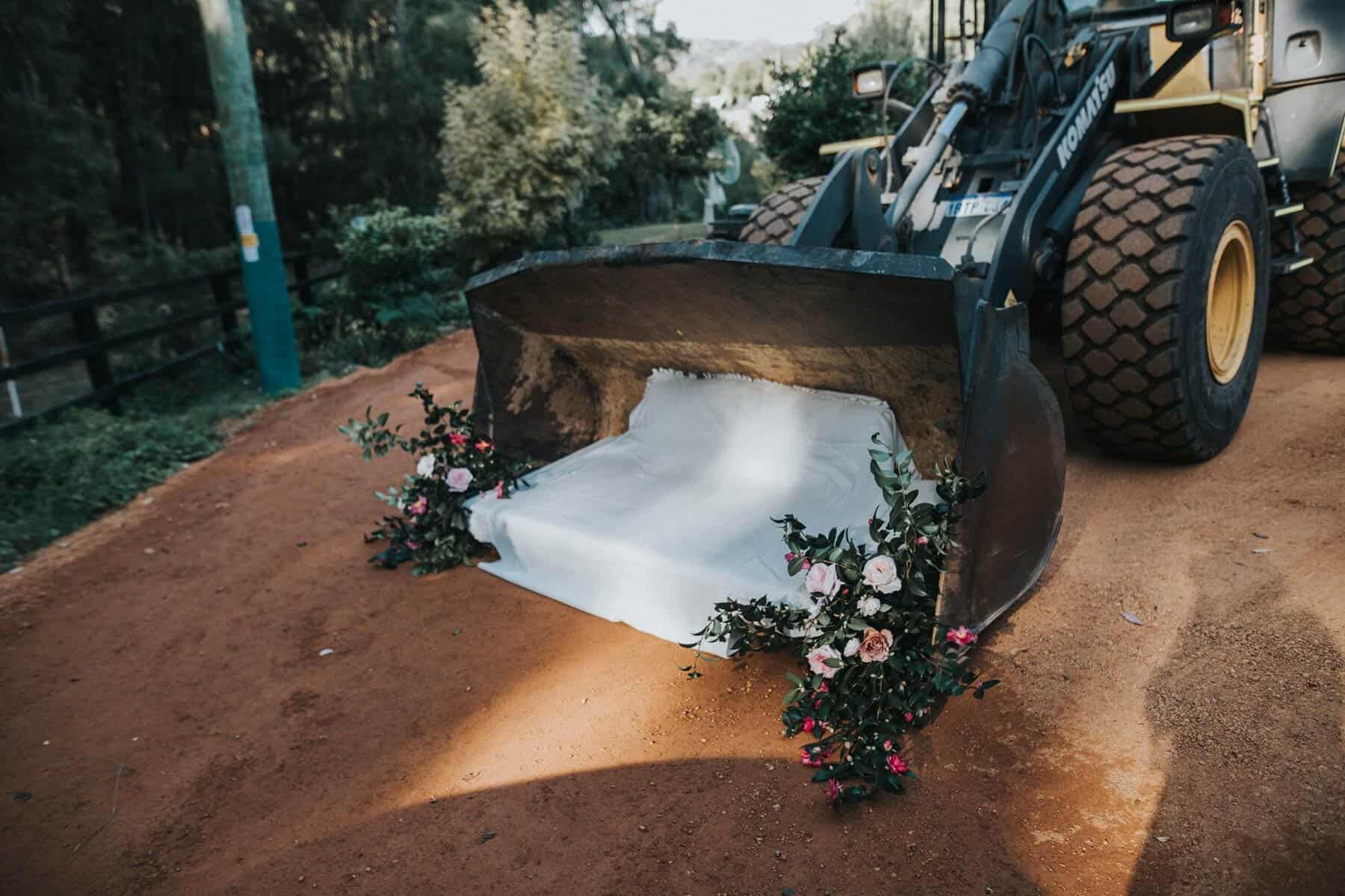 flower-laden tractor for a country wedding