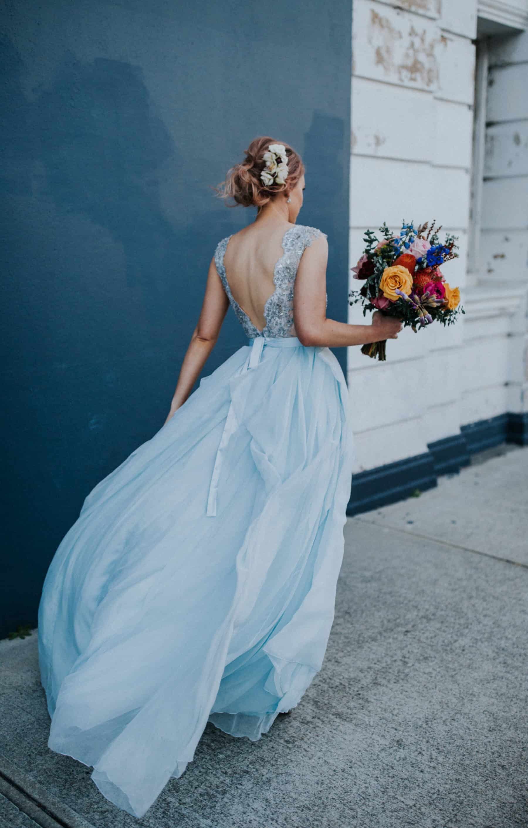 light blue wedding dress with V-back lace bodice