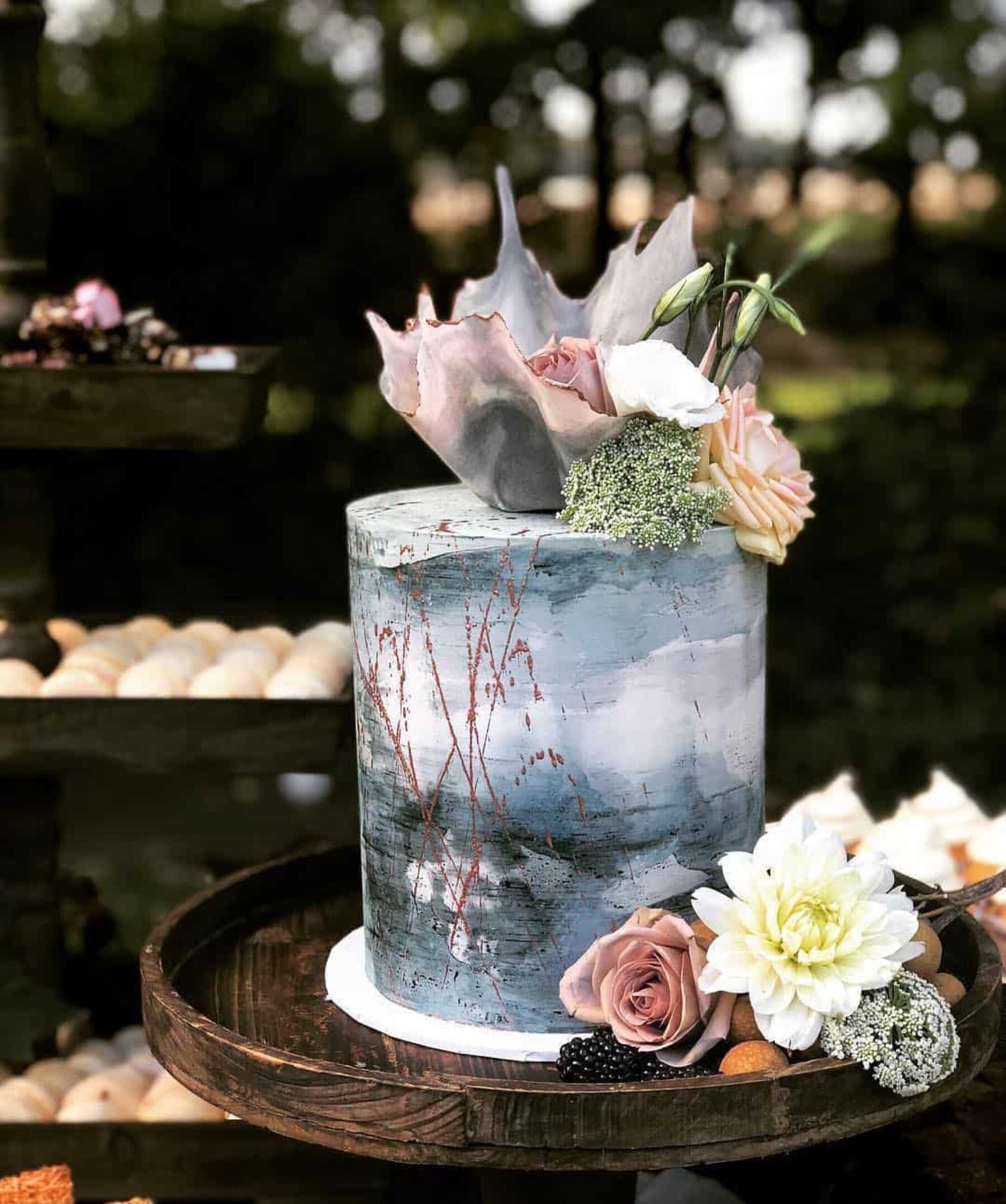 inky watercolour wedding cake with copper splatter