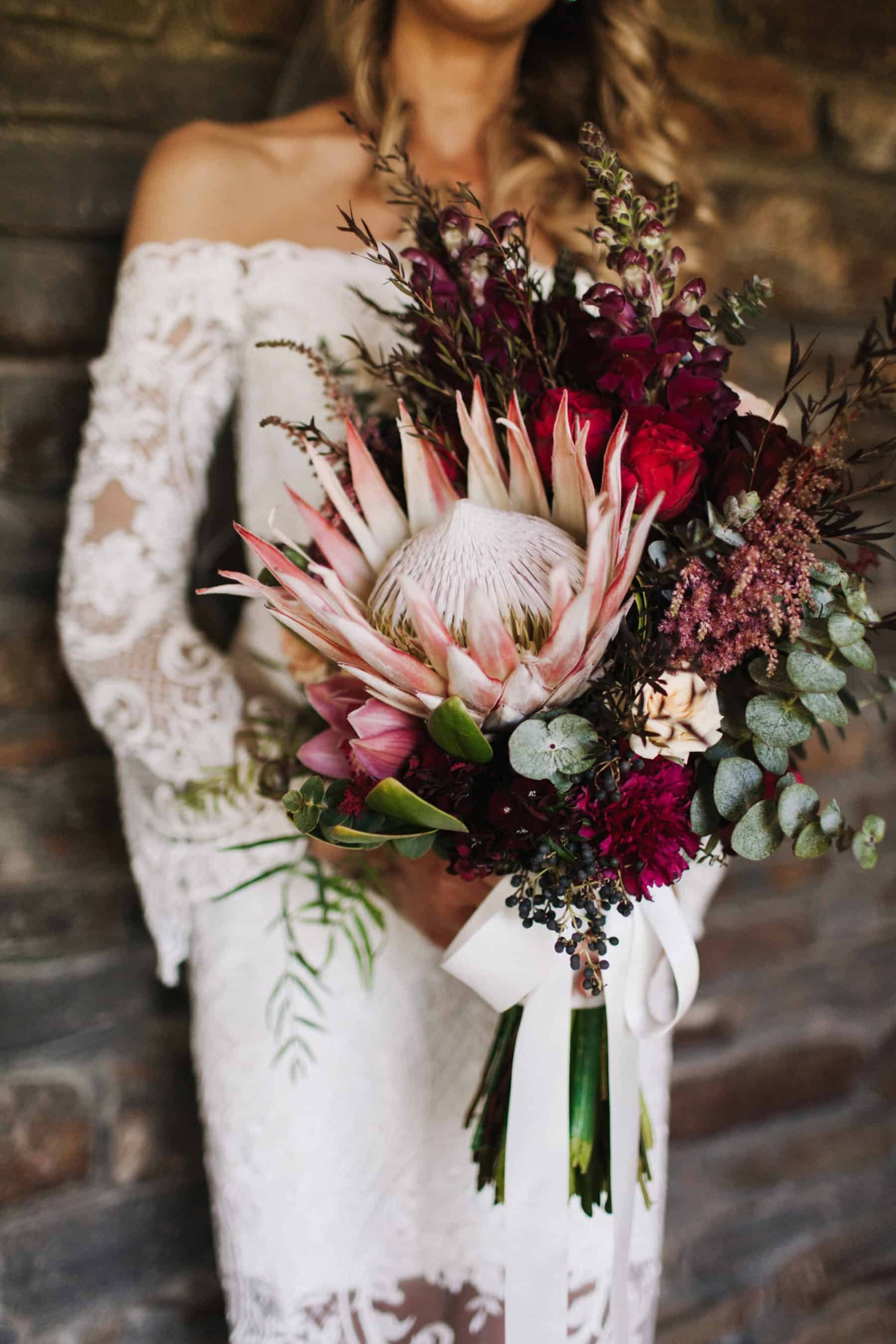 Best of 2018: bouquets. blush and burgundy bouquet with giant king protea