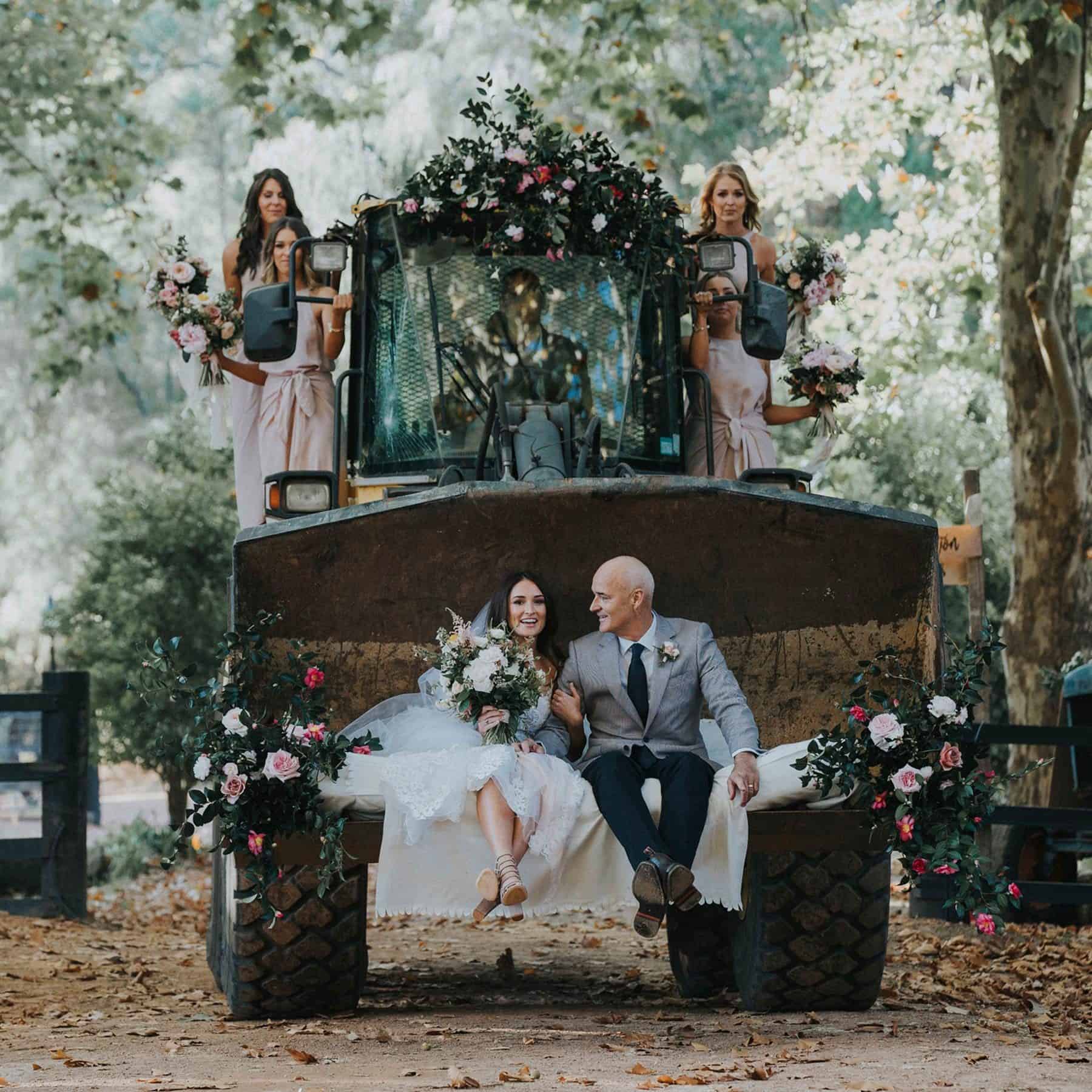 flower-laden bridal tractor