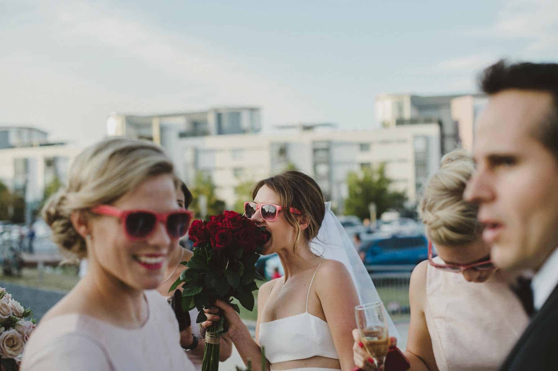 fun wedding with bridal party in sunglasses