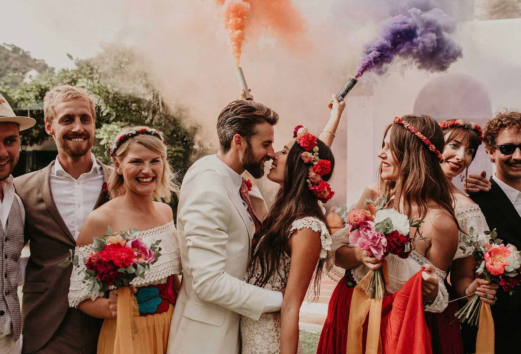boho wedding with colour smoke bombs