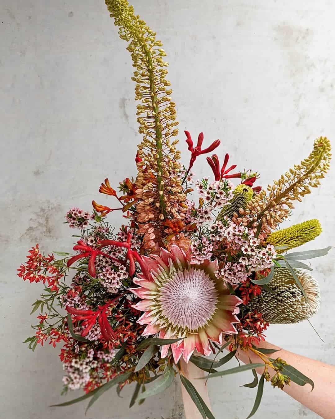 vibrant summer bouquet featuring native Australian flowers, banksia and a king protea