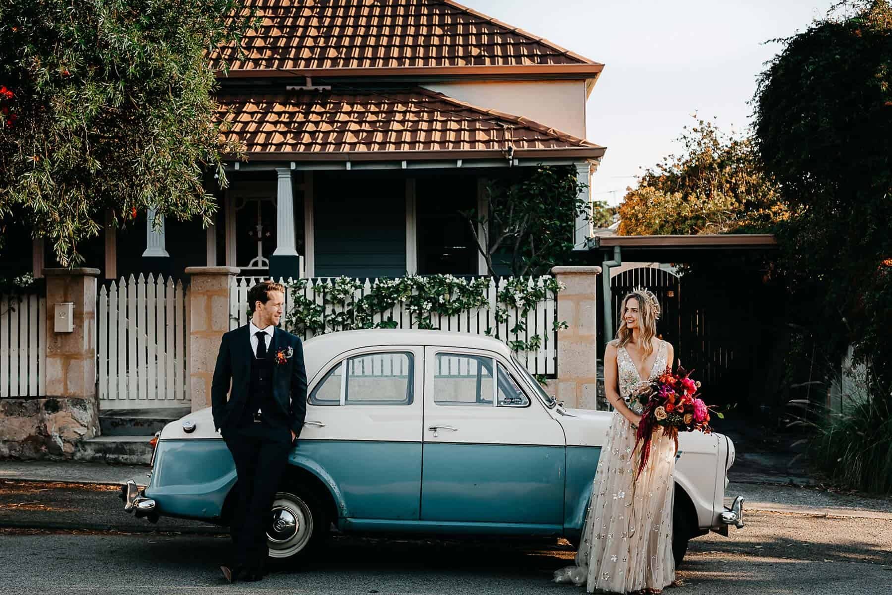 vintage cute blue wedding car