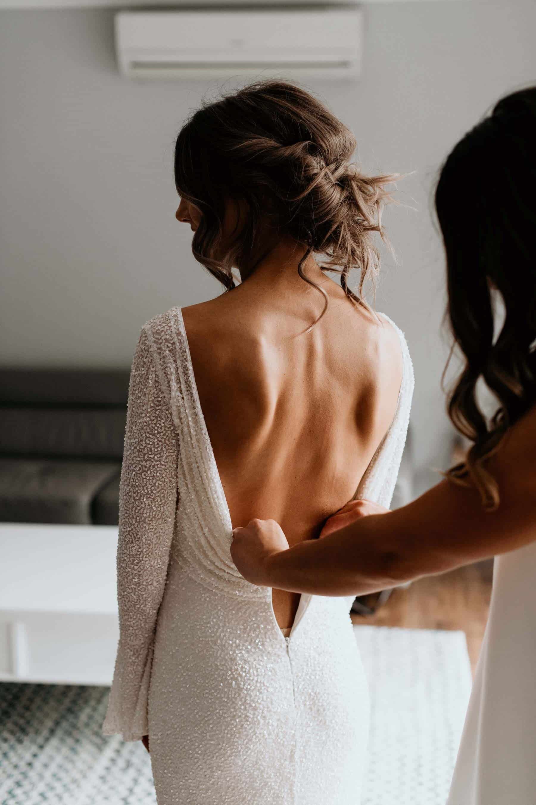 long sleeve low back sequin wedding dress