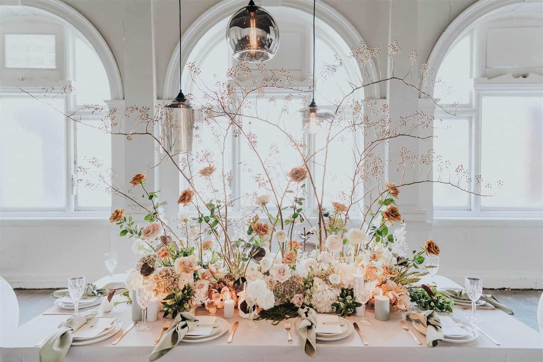 floral tablescape with hanging pendant lights
