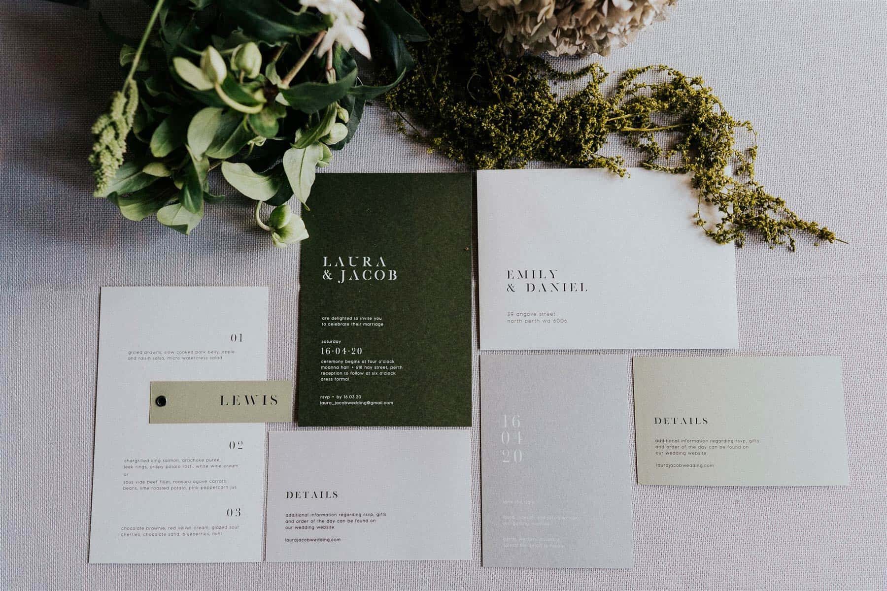 modern minimal wedding invitation suite green tones